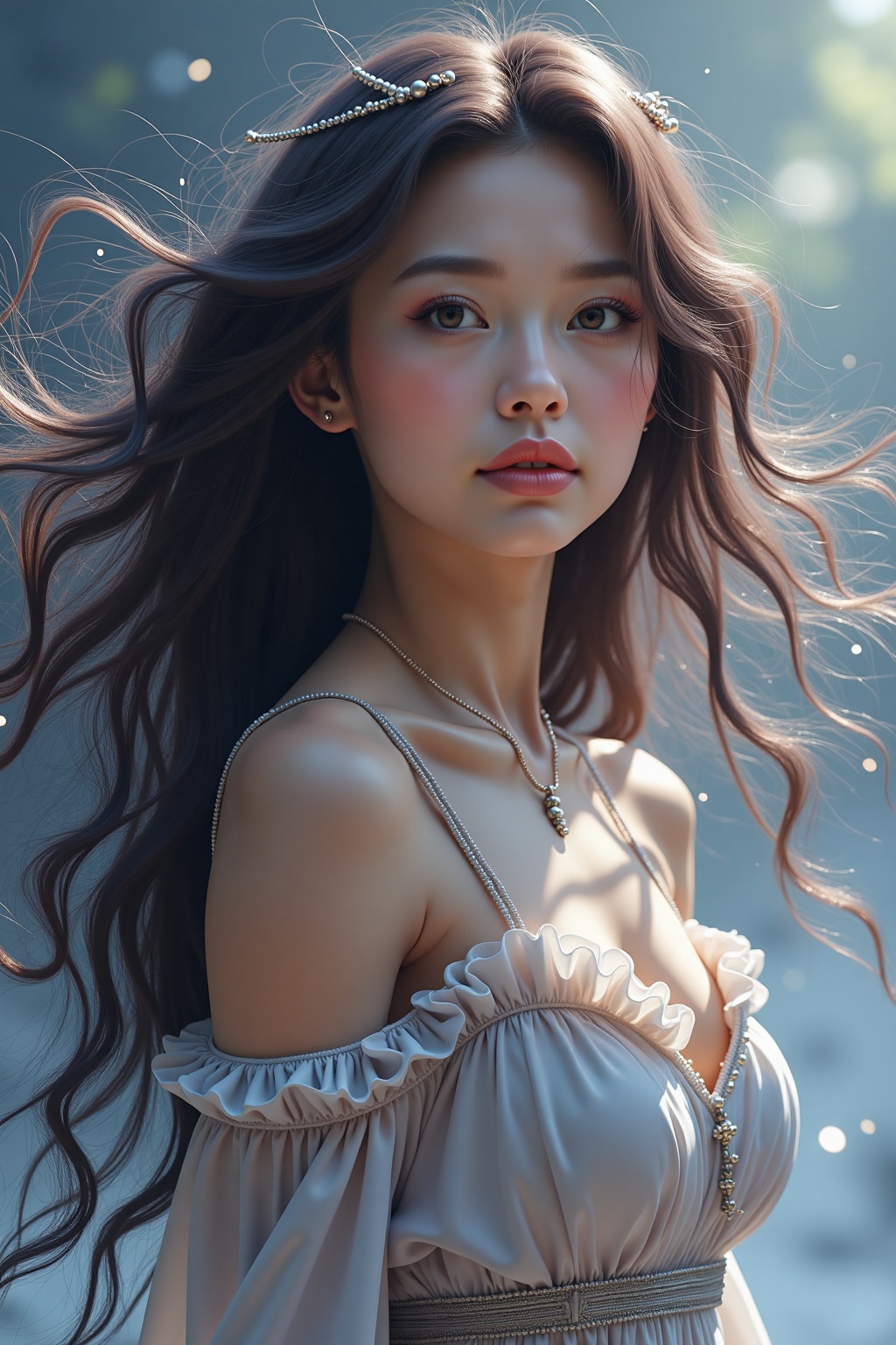 Airbrushing (Beautiful mystical allure) long swirling hair,  smart,  environment on Tensor.Art