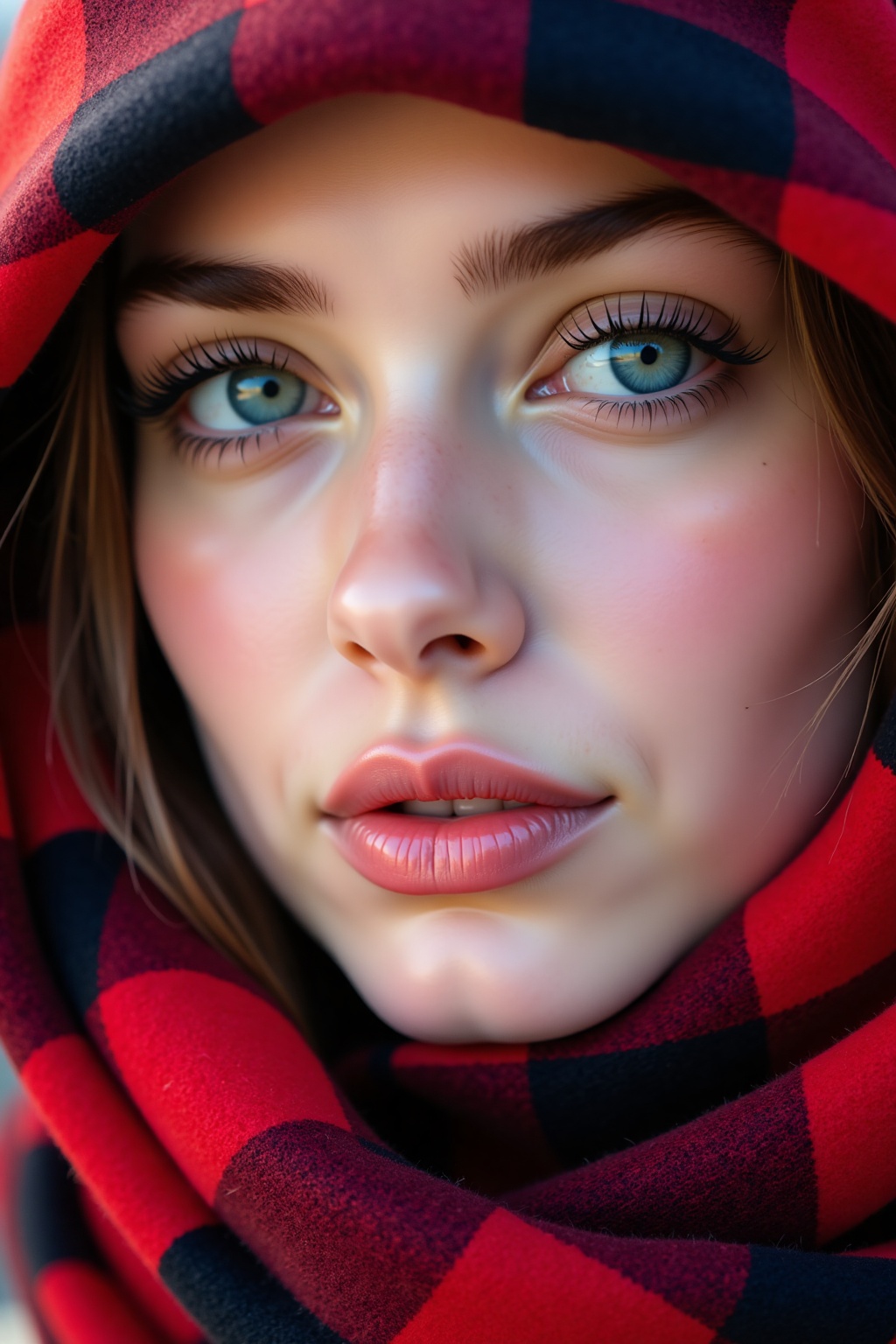 a high-resolution photograph of a close-up of a young woman's face,  focusing on her right eye and part of her nose. Her s...
