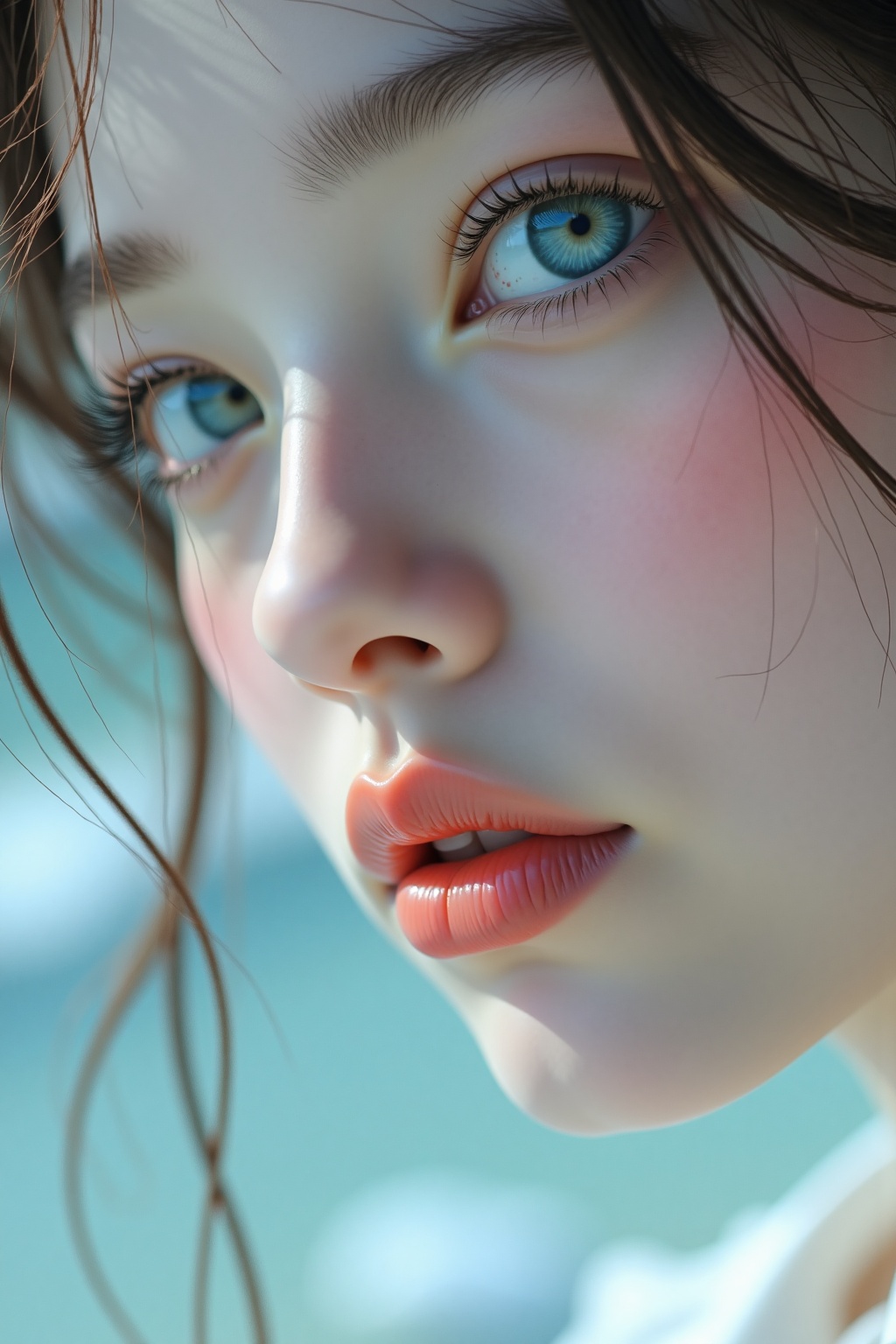 A close-up of a girl with porcelain skin and a soft,  ethereal glow. Her eyes are a deep,  mesmerizing blue on Tensor.Art