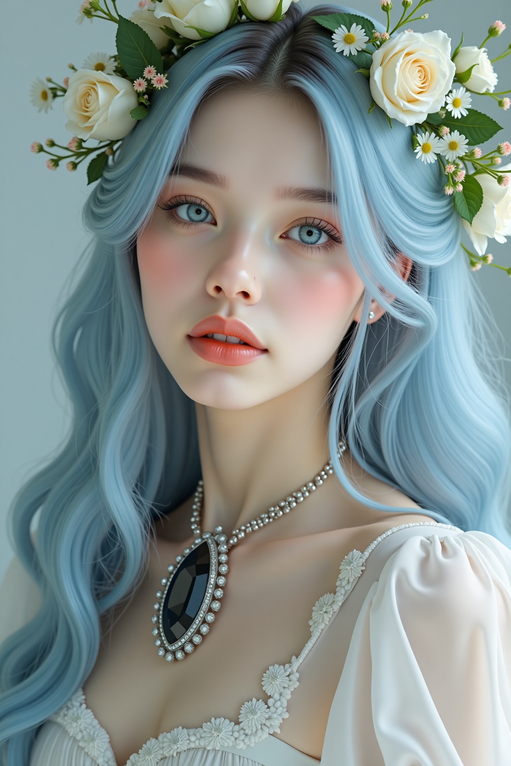 A close-up portrait of a young woman with ethereal features,  centered in the frame. She has long,  wavy light blue hair a...