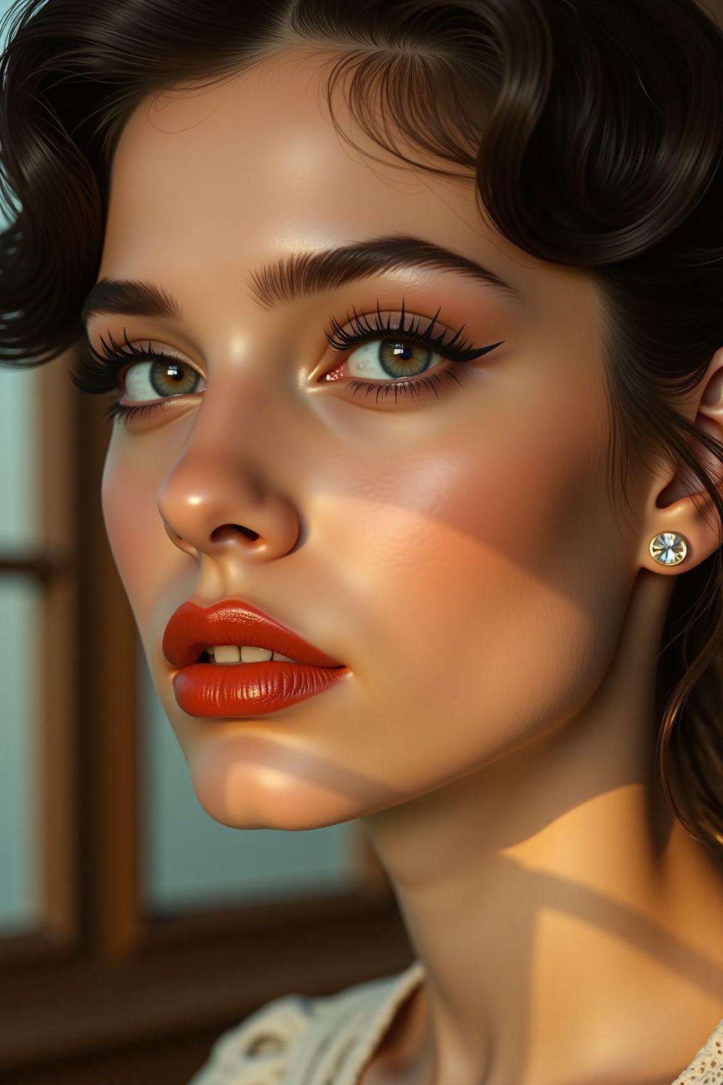 Create a close-up portrait of a girl with a vintage,  glamorous look,  using warm on Tensor.Art