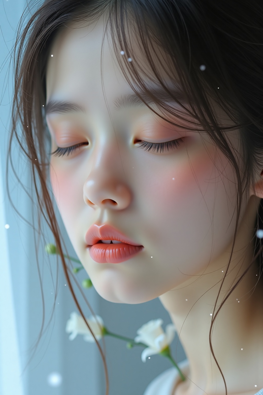 Create a close-up portrait of a girl with a serene,  ethereal expression,  featuring fair skin and long on Tensor.Art