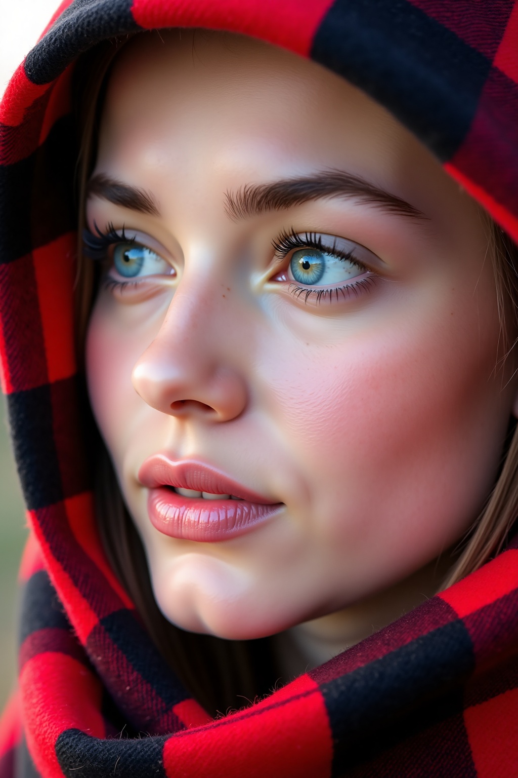 a high-resolution photograph of a close-up of a young woman's face,  focusing on her right eye and part of her nose. Her s...