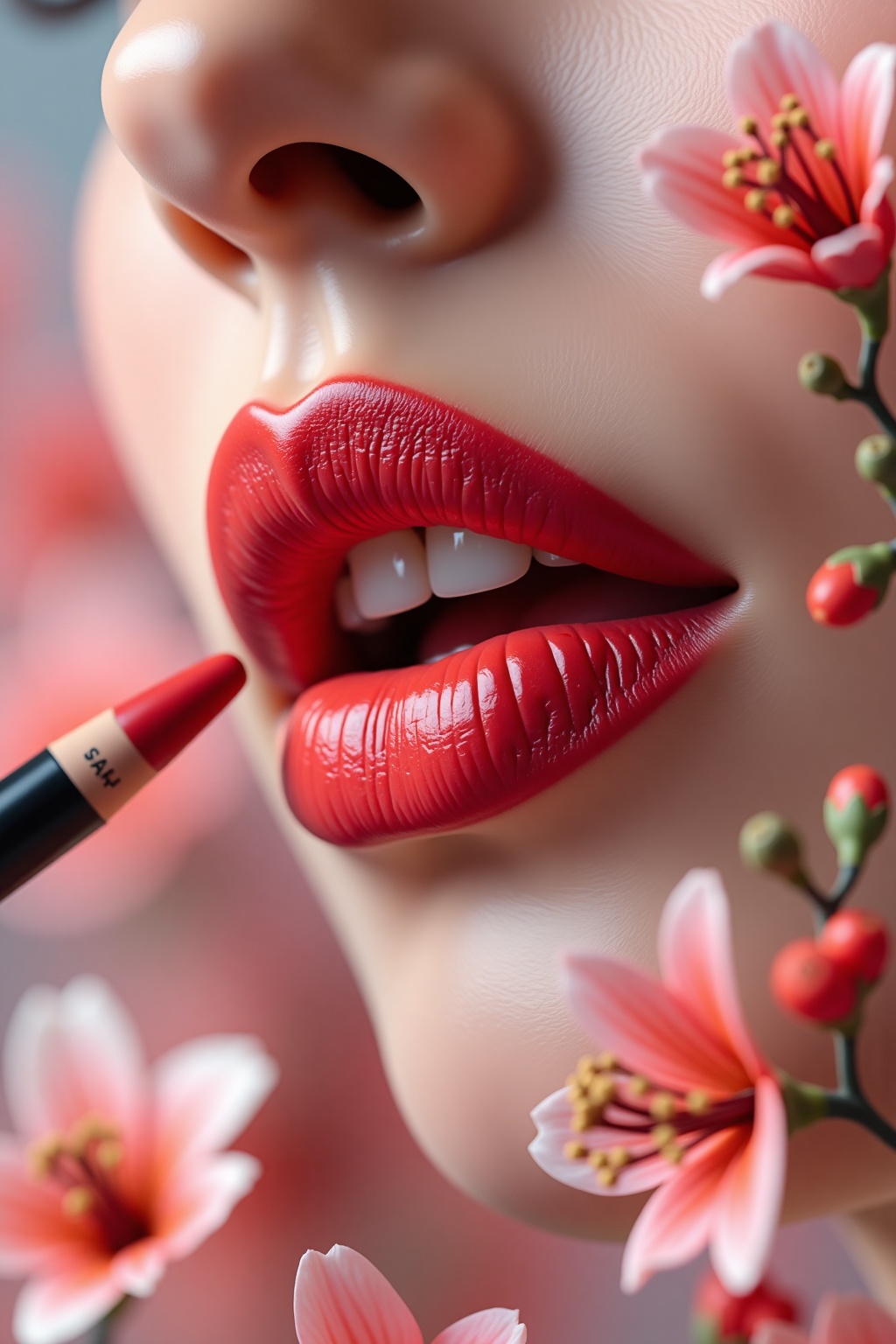 A close-up of a woman's lips being outlined with a luxurious red lip liner. As the pencil touches her lips,  vibrant flowe...