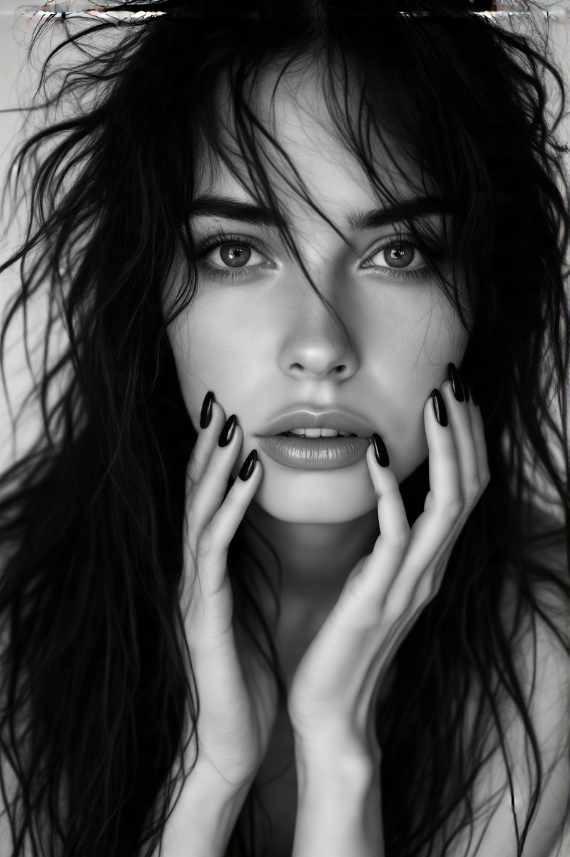 Black and white photograph of a woman with long,  messy hair,  wearing black nail polish on Tensor.Art