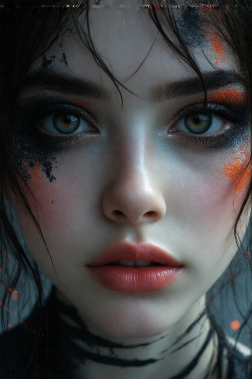 Create a close-up portrait of a girl with an abstract,  artistic look,  using dramatic on Tensor.Art