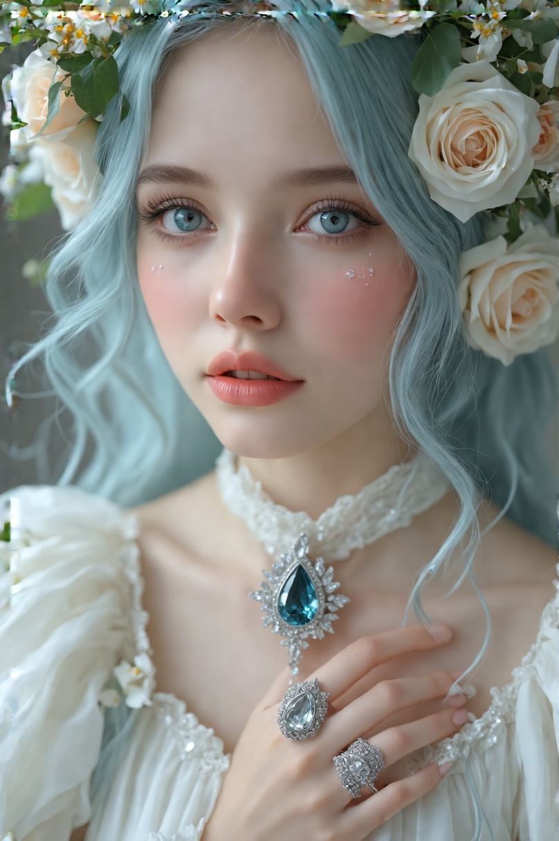A close-up portrait of a young woman with ethereal features,  centered in the frame. She has long,  wavy light blue hair a...