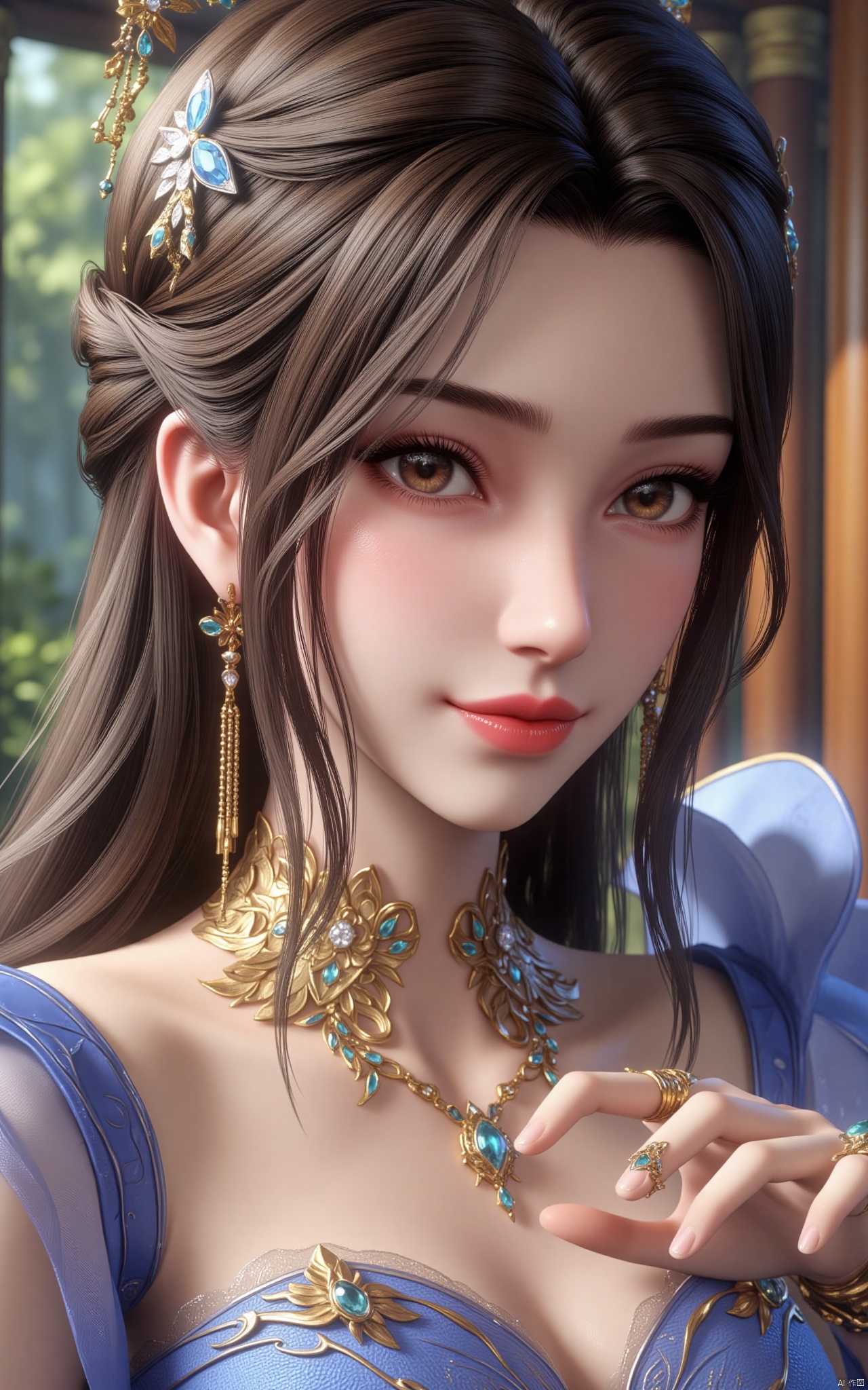 Limuwang\(hubggirl)\,Portrait of a 21-year-old hubggirl, solo and direct at the viewer with a warm smile. She wears an ensemble of luxurious gold-trim jewelry, including long earrings and a bow hair ornament. A stunning Agate necklace and Emerald bracelet adorn her neck and wrist, respectively, while Diamonds and Onyx add subtle sparkle. Her eyes are framed by Wangyushan's signature eyeglasses. Set against a backdrop of vibrant colors, the scene is bathed in bright natural light, showcasing every detail with high contrast HDR photography.