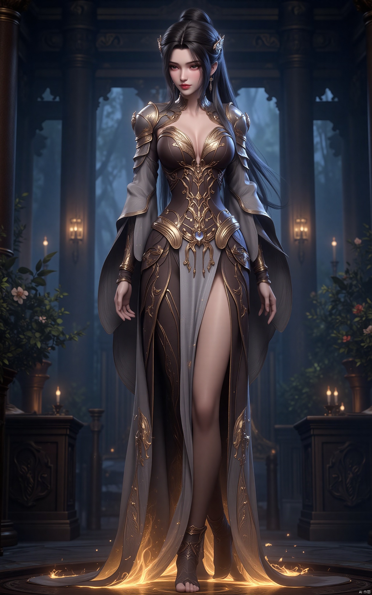Limuwang\(hubggirl)\,
A stunning 8K digital artwork depicts a majestic Limuwang_hubggirl standing confidently in the foreground, set against a dark blue background with subtle gradient effects. Her long, flowing hair cascades down her back like a river of gold, while her slender figure is clad in a intricately designed armor suit. The masterfully crafted full-body portrait showcases exquisite details, from the delicate textures on her skin to the intricate patterns adorning her armor. The lighting is dim yet atmospheric, casting a warm glow over the entire scene.