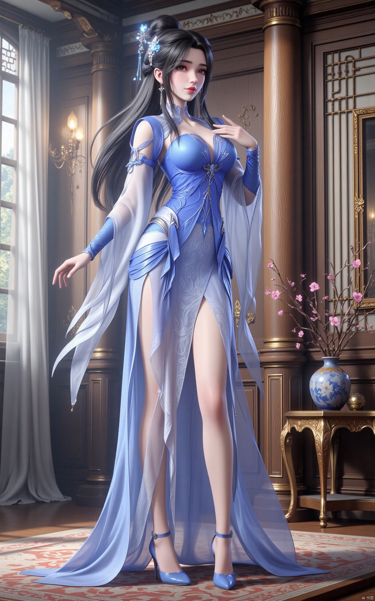 Limuwang\(hubggirl)\, Ultra clear, wallpaper, 8k, masterpiece, 1girl, solo, long hair, black hair, hair ornament, dress, jewelry, full body, flower, earrings, indoors, hair bun, high heels, bare legs, window, blue dress, curtains, hand on own chest, blue footwear, branch, vase