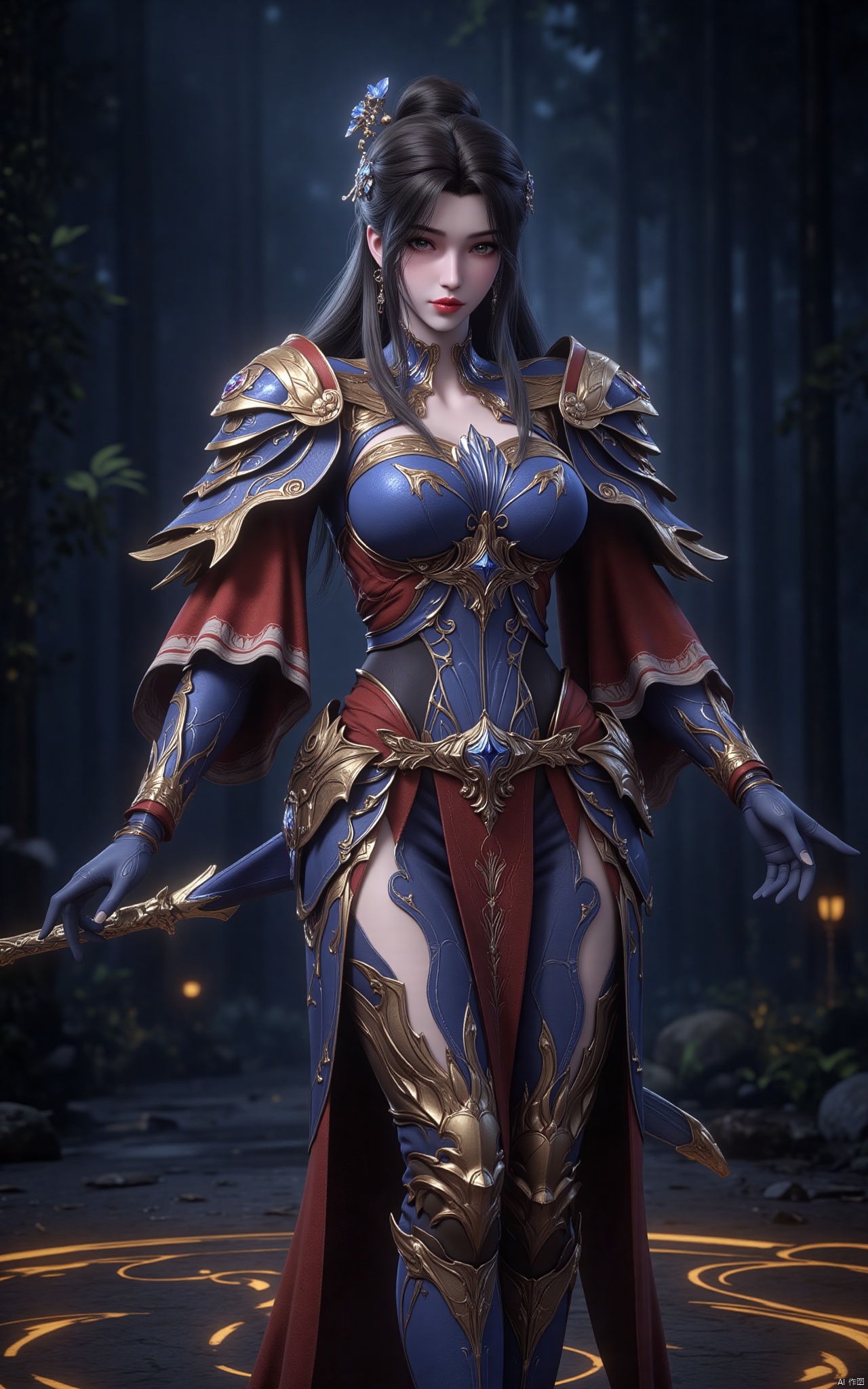 Limuwang\(hubggirl)\,
A stunning 8K digital artwork depicts a majestic Limuwang_hubggirl standing confidently in the foreground, set against a dark blue background with subtle gradient effects. Her long, flowing hair cascades down her back like a river of gold, while her slender figure is clad in a intricately designed armor suit. The masterfully crafted full-body portrait showcases exquisite details, from the delicate textures on her skin to the intricate patterns adorning her armor. The lighting is dim yet atmospheric, casting a warm glow over the entire scene.