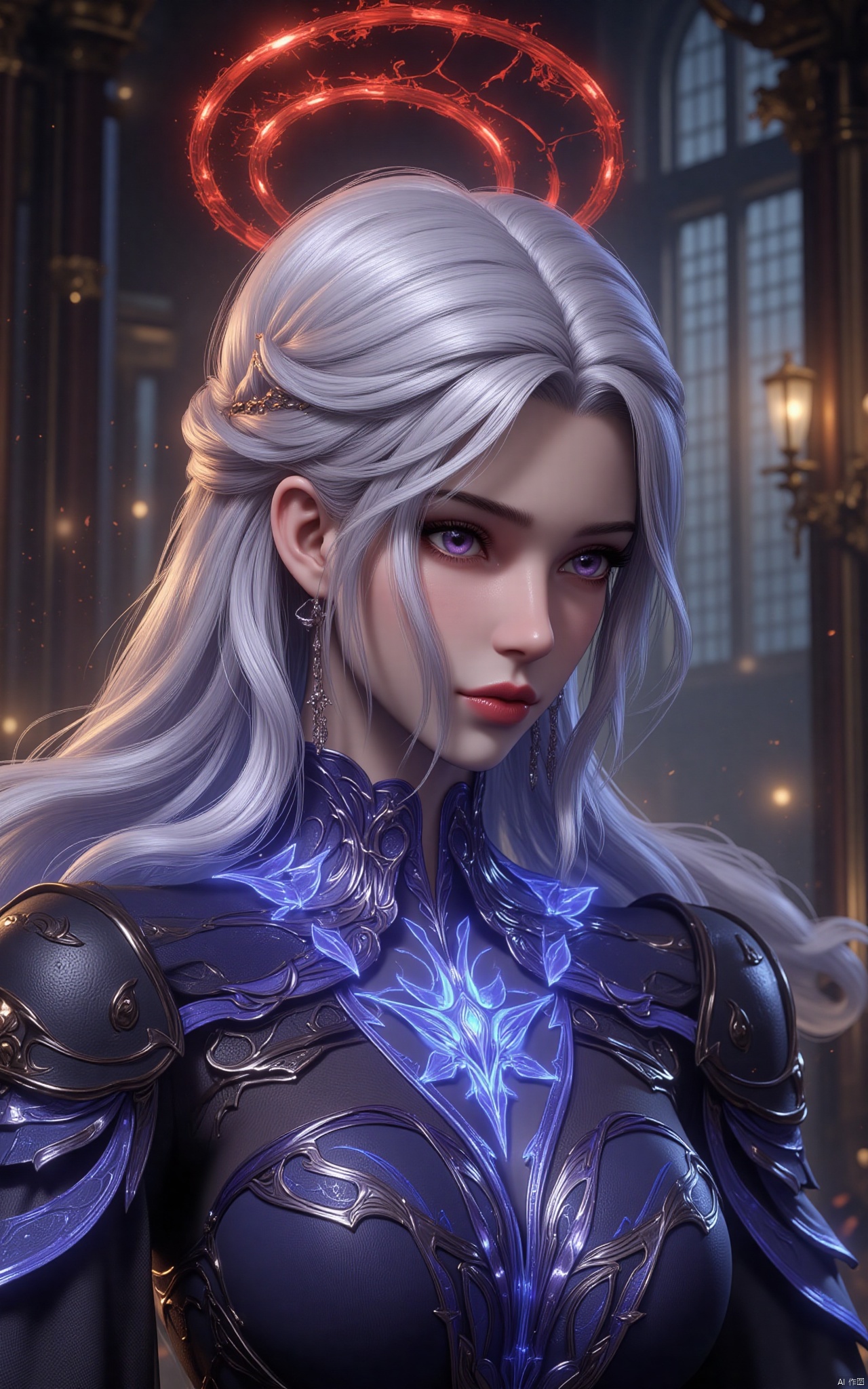 A masterfully crafted masterpiece, bathed in cinematic light, showcases a lone, ethereal beauty Limuwang\(hubggirl)\ with snow-white locks cascading between her piercing purple eyes. Her sharp features are illuminated by an extremely delicate and beautiful glow, casting a warm contrast against the dark fantasy background. Swirling black particles dance around her, as if conjured from the very fabric of magic. A dynamic angle captures her profile, with blood splatter and shattered glass fragments scattered, while a glowing magic circle surrounds her, drawing the viewer's gaze into this hyper-detailed, high-contrast world.