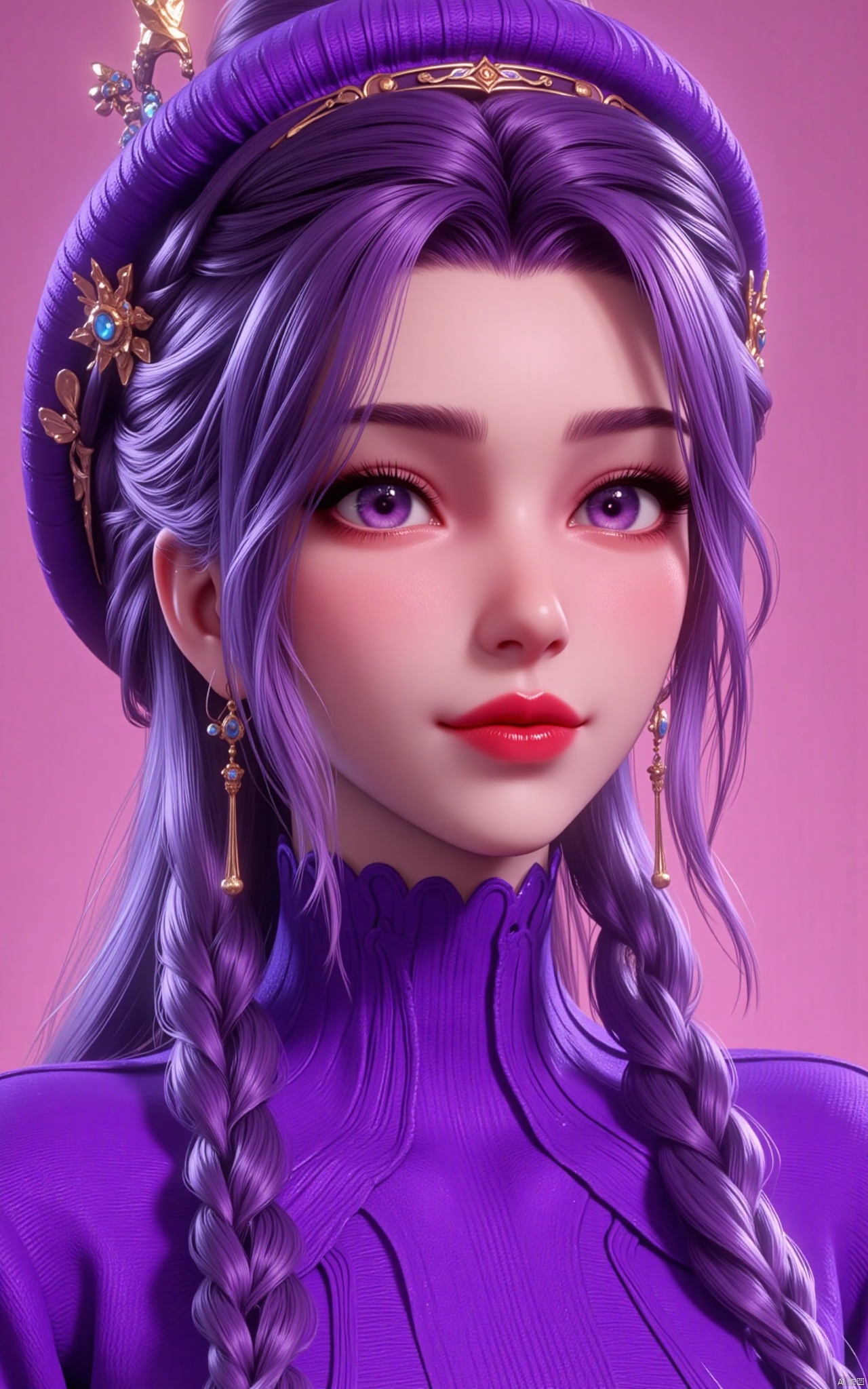 Limuwang\(hubggirl)\,A photorealistic full-body portrait of a stunning 21yo hubggirl with perfect hands. She wears a vibrant purple sweater and double braids adorned with tiny earrings. Her shoulder-length purple hair is styled in intricate braids that cascade down her back. Her eyes are a deep, rich purple, framed by thick eyelashes and subtle makeup. A bold red lip color adds a pop of brightness to the overall gradient background, which transitions seamlessly from pink to purple. The subject's gaze is direct, with a hint of sassiness as she wears a trendy hat and sports a confident smile. Shut up, indeed!