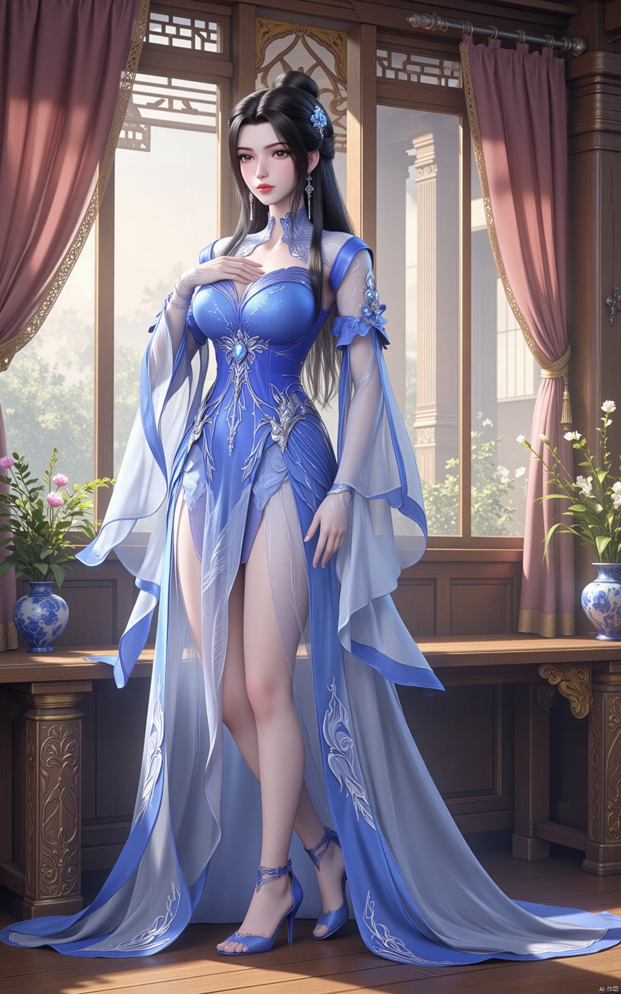 Limuwang\(hubggirl)\, Ultra clear, wallpaper, 8k, masterpiece, 1girl, solo, long hair, black hair, hair ornament, dress, jewelry, full body, flower, earrings, indoors, hair bun, high heels, bare legs, window, blue dress, curtains, hand on own chest, blue footwear, branch, vase
