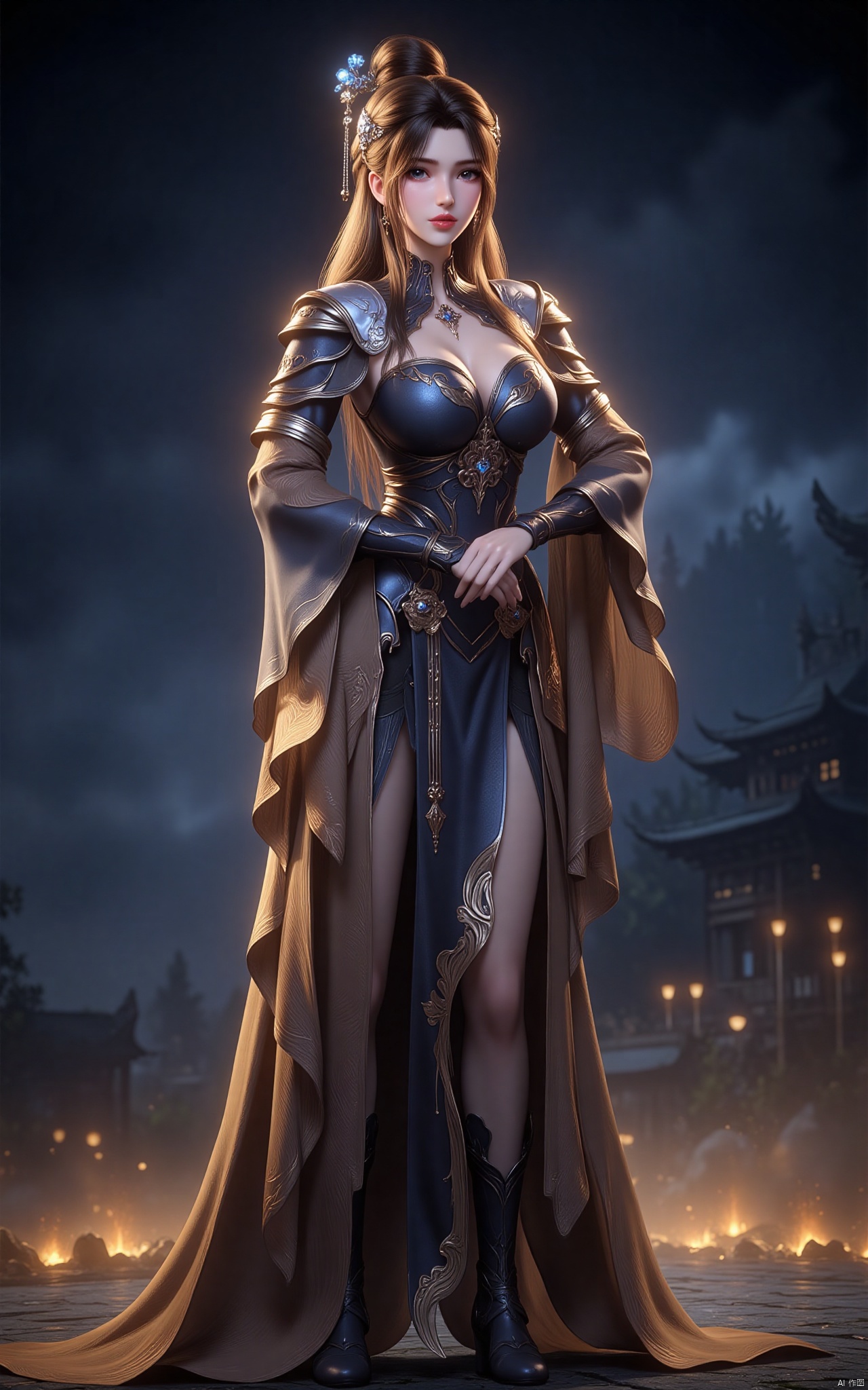 Limuwang\(hubggirl)\,
A stunning 8K digital artwork depicts a majestic Limuwang_hubggirl standing confidently in the foreground, set against a dark blue background with subtle gradient effects. Her long, flowing hair cascades down her back like a river of gold, while her slender figure is clad in a intricately designed armor suit. The masterfully crafted full-body portrait showcases exquisite details, from the delicate textures on her skin to the intricate patterns adorning her armor. The lighting is dim yet atmospheric, casting a warm glow over the entire scene.