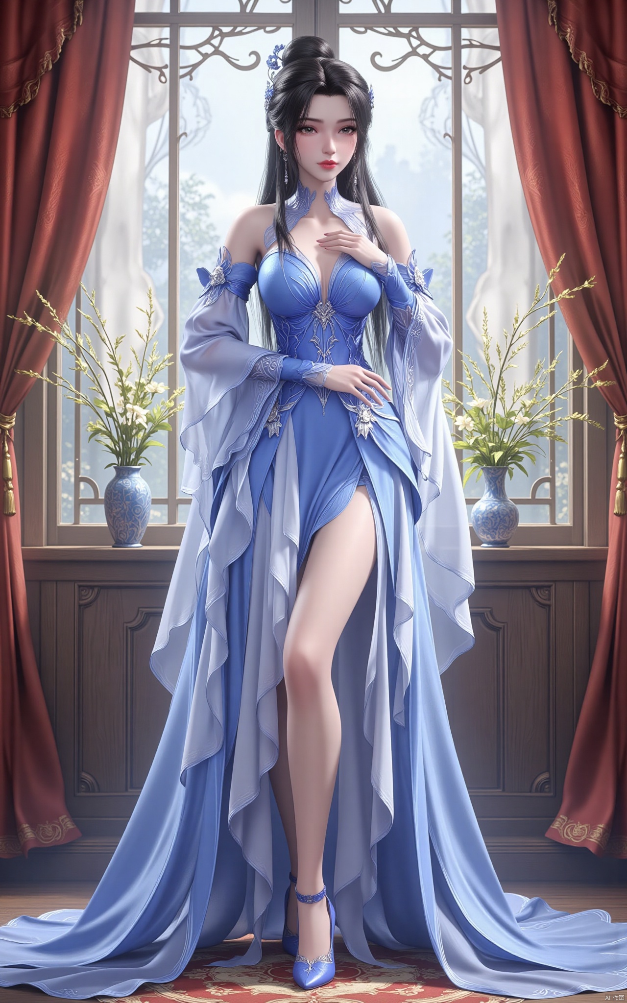 Limuwang\(hubggirl)\, Ultra clear, wallpaper, 8k, masterpiece, 1girl, solo, long hair, black hair, hair ornament, dress, jewelry, full body, flower, earrings, indoors, hair bun, high heels, bare legs, window, blue dress, curtains, hand on own chest, blue footwear, branch, vase