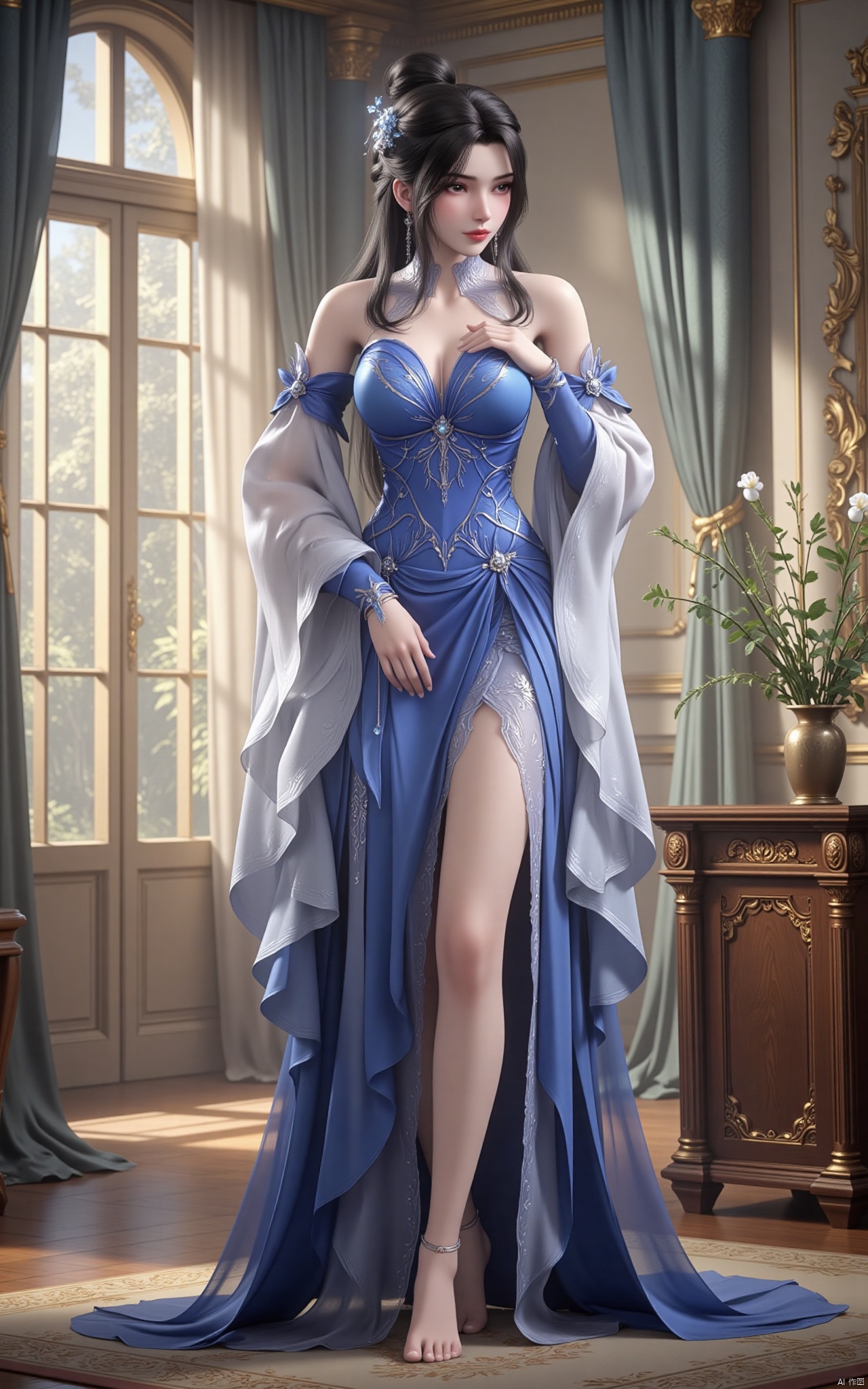 A stunning 8K masterpiece featuring a captivating solo female(Limuwang\(hubggirl)\) subject. The frame is set against a serene indoor backdrop with floor-to-ceiling windows and elegant curtains. A statuesque woman stands confidently, showcasing her long, raven-black hair adorned with a delicate hair ornament. Her gaze is introspective, hand resting on her chest as she wears a flowing blue dress that hugs her curves. High heels elongate her legs, which are bare except for a delicate lace trim. A sprig of greenery and a vase holding a single flower sit at her feet, adding a touch of whimsy to the scene. Her eyes sparkle with a subtle hint of confidence, as if she's savoring a private moment. The lighting is soft and warm, accentuating the intricate details of her jewelry – a delicate pair of earrings and a hair bun that adds a touch of sophistication. The overall effect is one of breathtaking beauty, as if this scene is a masterpiece waiting to be framed on a luxurious wallpaper.