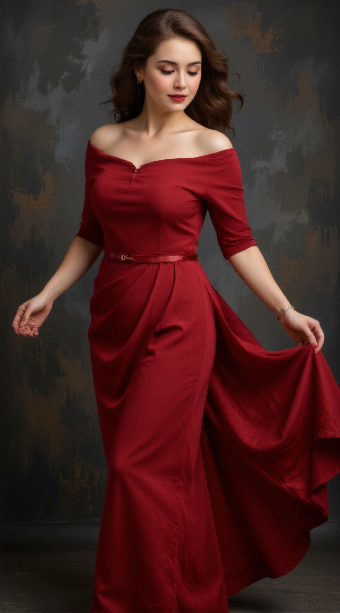 An oil painting captures a striking image of a woman in a flowing red dress,  dancing with fiery passion. The fabric of he...
