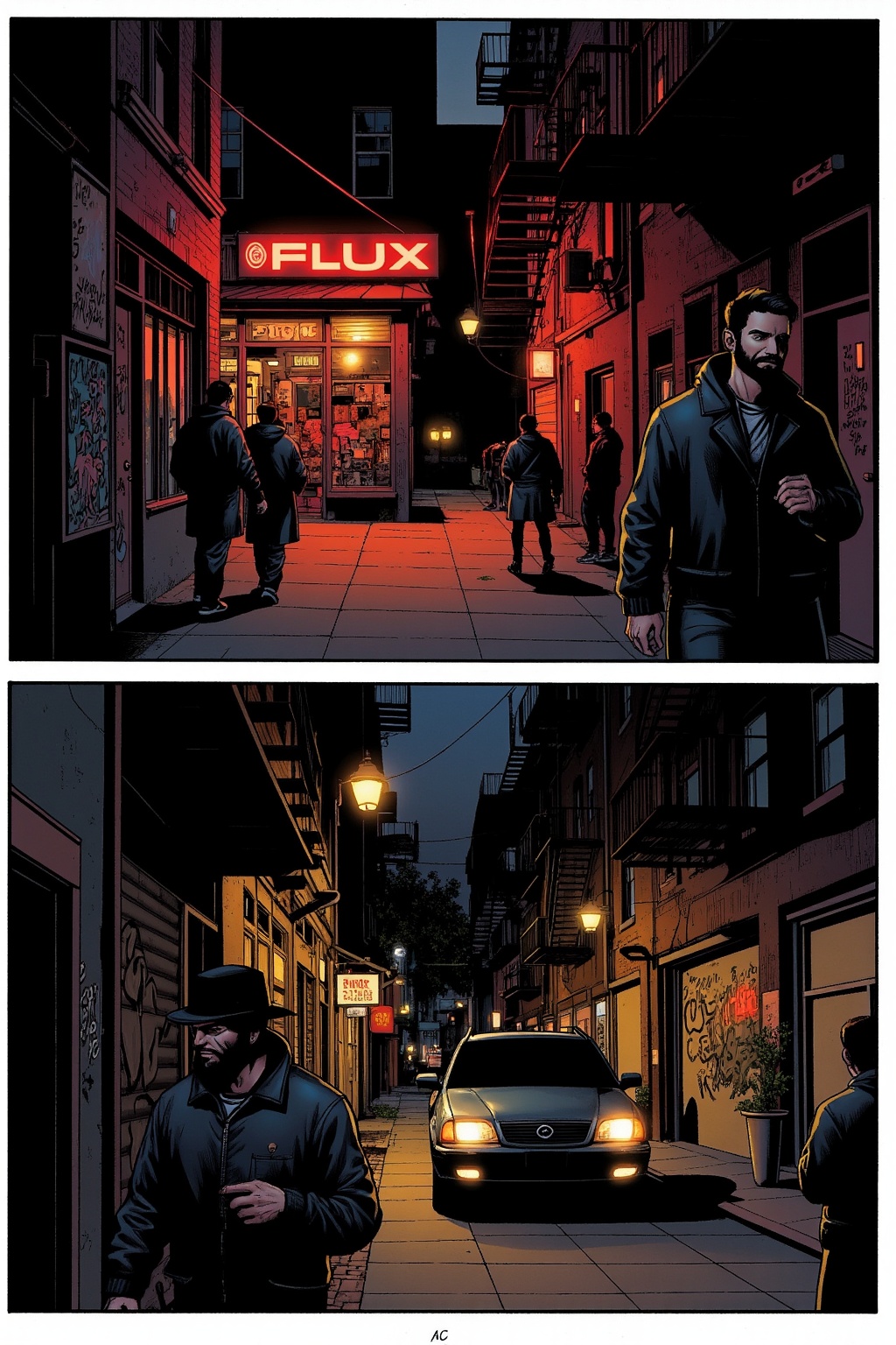 A FrameForge style comic depicting a nighttime scene in an urban alleyway. The scene is divided into two panels. The top p...