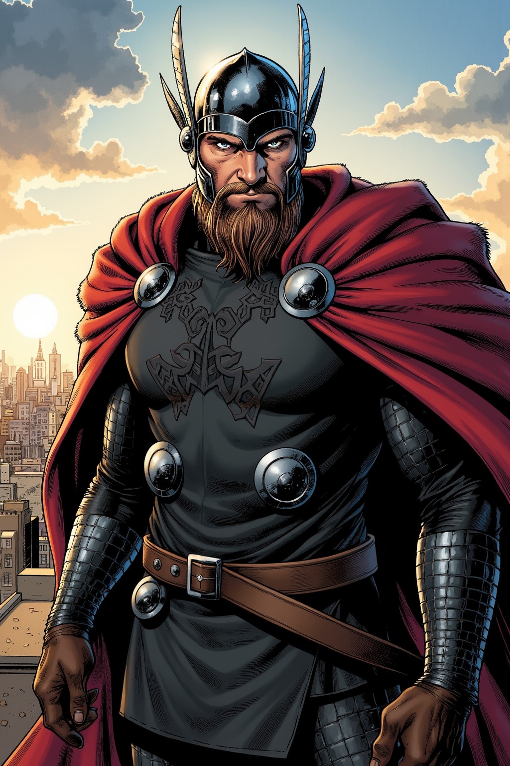 A powerful cover illustration in FrameForge style. A rugged male superhero with Viking influence stands on a windswept roo...