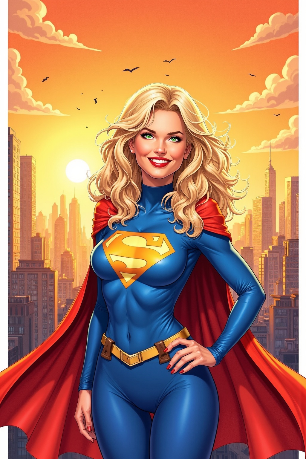 A FrameForge style illustration of a young woman in the style of a comic book superhero. She has long,  wavy blonde hair t...