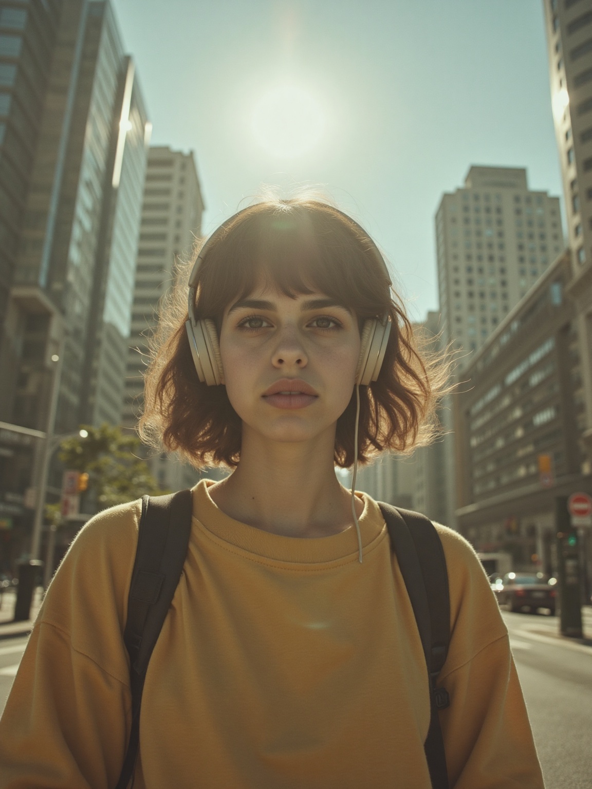 a young woman a 35 year old with short hair,  in an oversize sweatshirt,  listens to music on headphones in the center of...