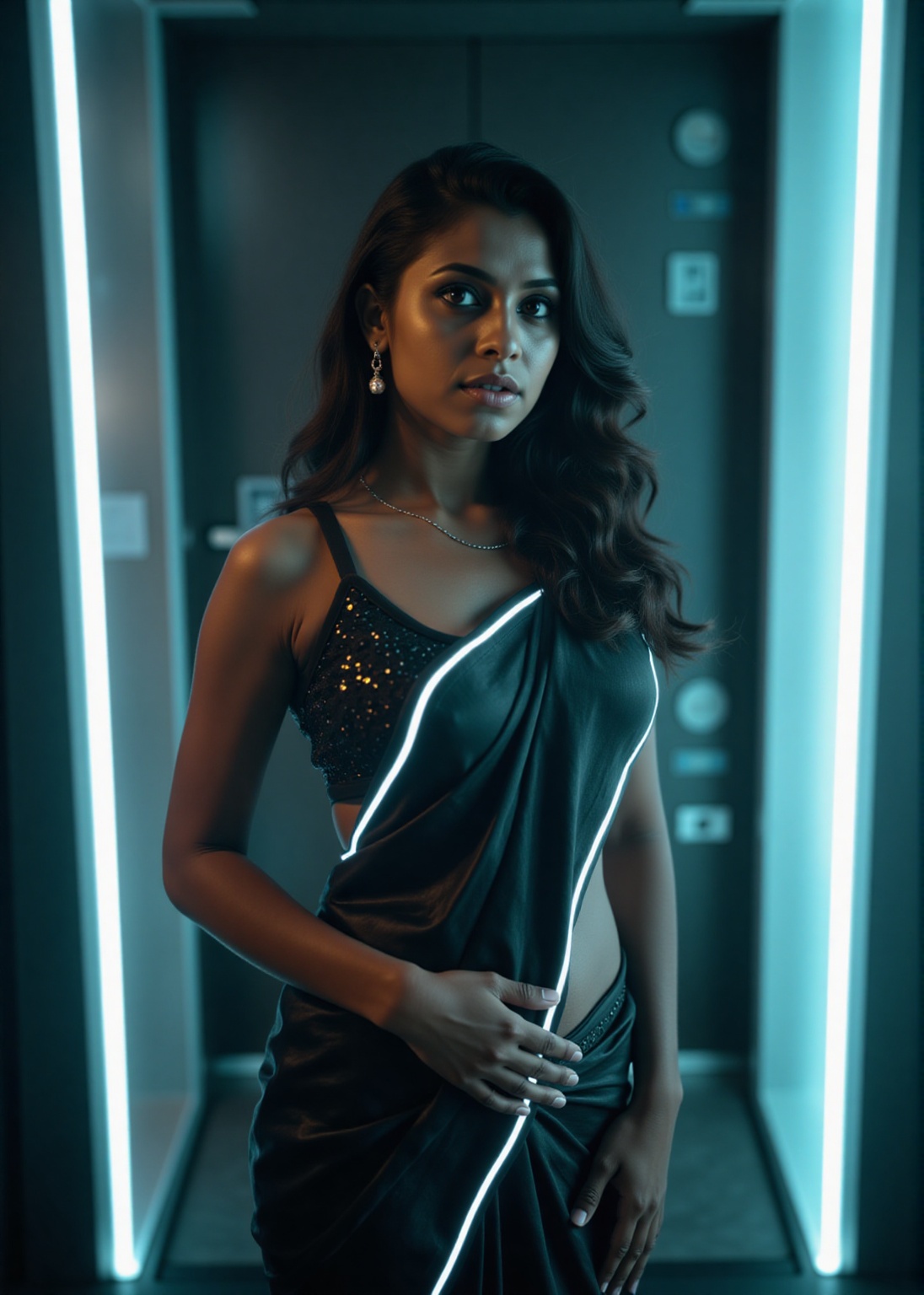 Tron legacy movie style,  A stunning portrait of a 25-year-old woman wearing a saree,  captured with a Canon 1DX and 50mm...