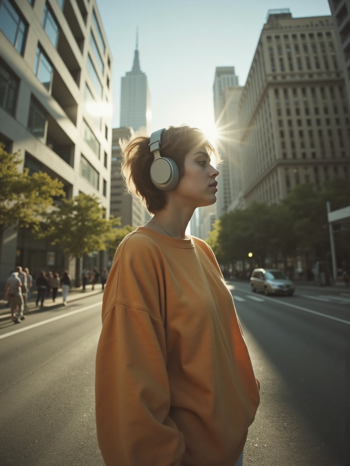 a young woman a 35 year old with short hair,  in an oversize sweatshirt,  listens to music on headphones in the center of...