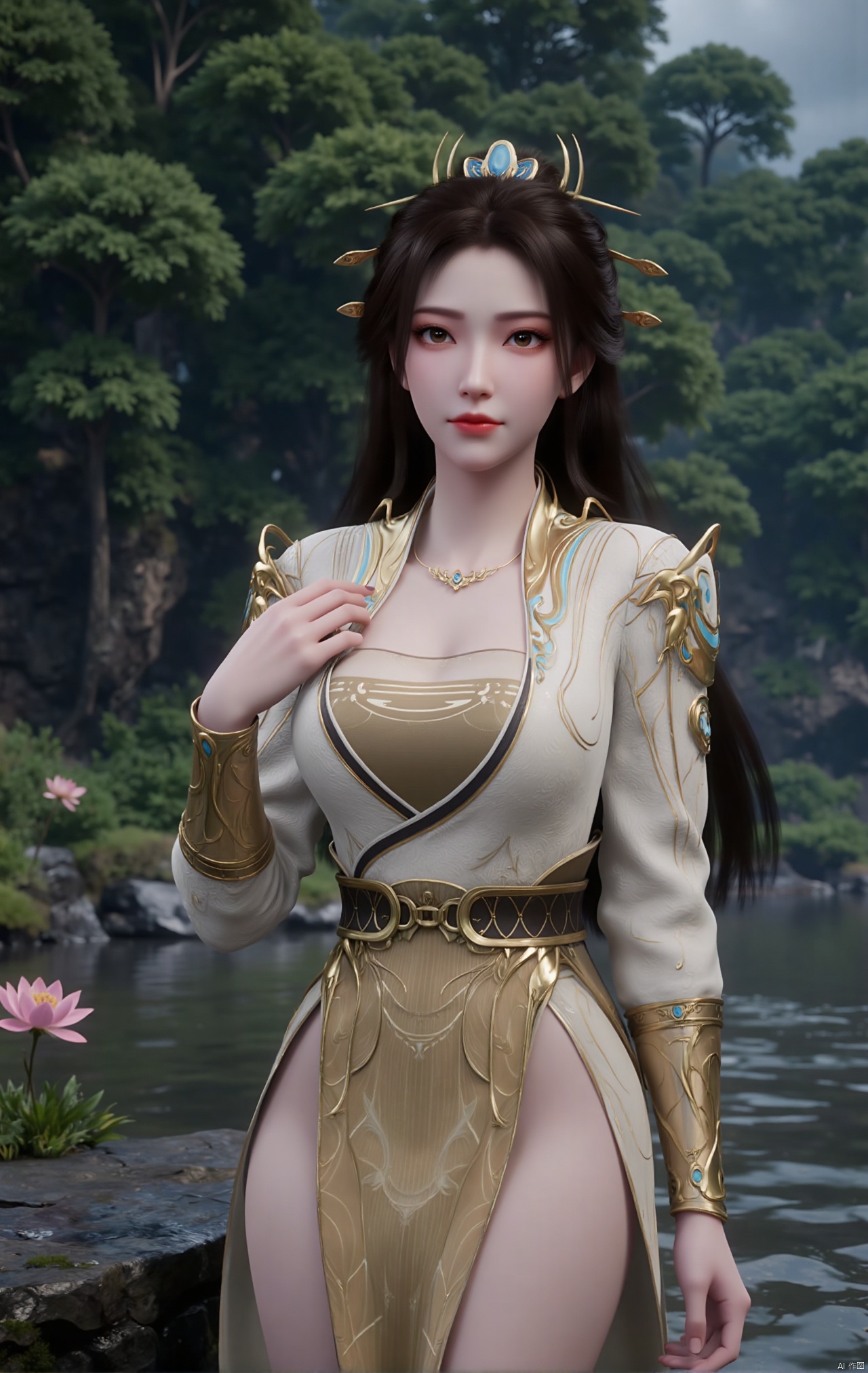  masterpiece,1girl,black hair,(Sitting by the lotus pond in the garden:1.3),(short dress:1.39),black eyes,beautiful face,short sleeves,holding flower,looking at viewer,(huge breasts:2.79),(full breasts:1.99),Xzhaoliner,Xyaoxi,Xsulingyun,XyunluoX,Xhenrendadi,Xlannuo