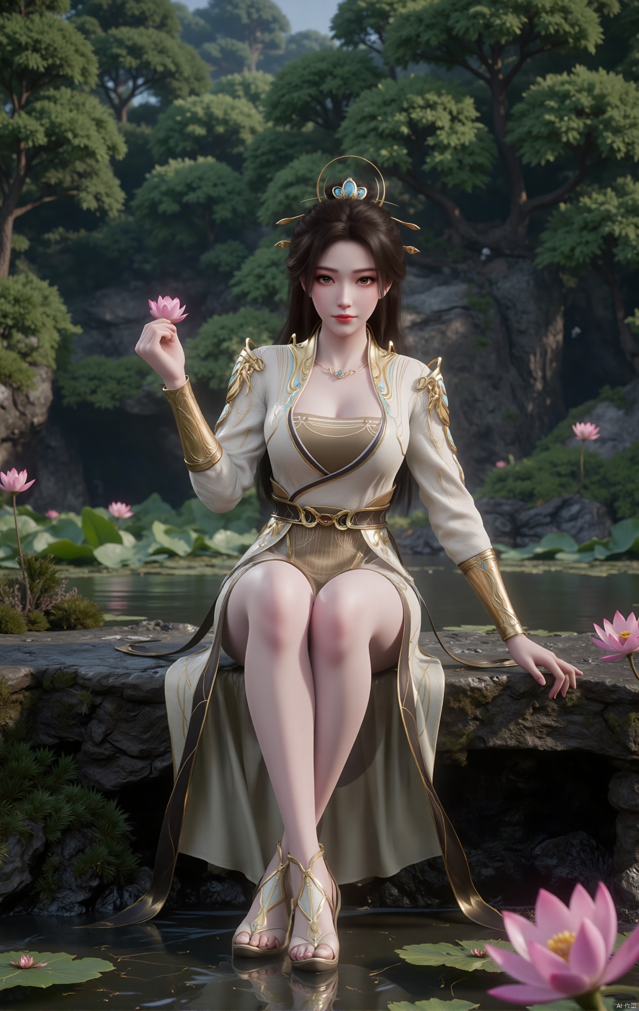  masterpiece,1girl,black hair,(Sitting by the lotus pond in the garden:1.3),(short dress:1.39),black eyes,beautiful face,short sleeves,holding flower,looking at viewer,(huge breasts:2.79),(full breasts:1.99),Xzhaoliner,Xyaoxi,Xsulingyun,XyunluoX,Xhenrendadi,Xlannuo