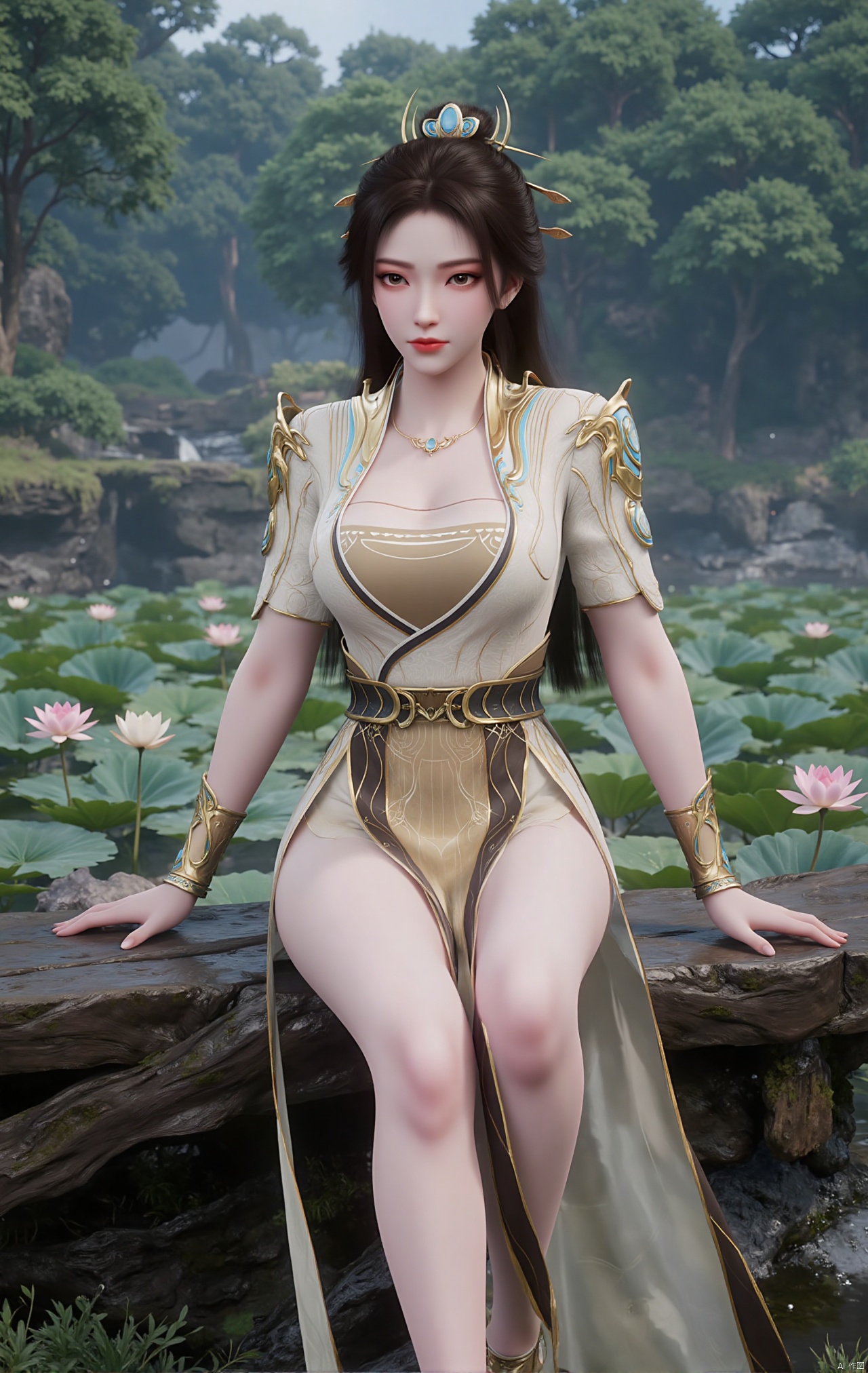  masterpiece,1girl,black hair,(Sitting by the lotus pond in the garden:1.3),(short dress:1.39),black eyes,beautiful face,short sleeves,holding flower,looking at viewer,(huge breasts:2.79),(full breasts:1.99),Xzhaoliner,Xyaoxi,Xsulingyun,XyunluoX,Xhenrendadi,Xlannuo