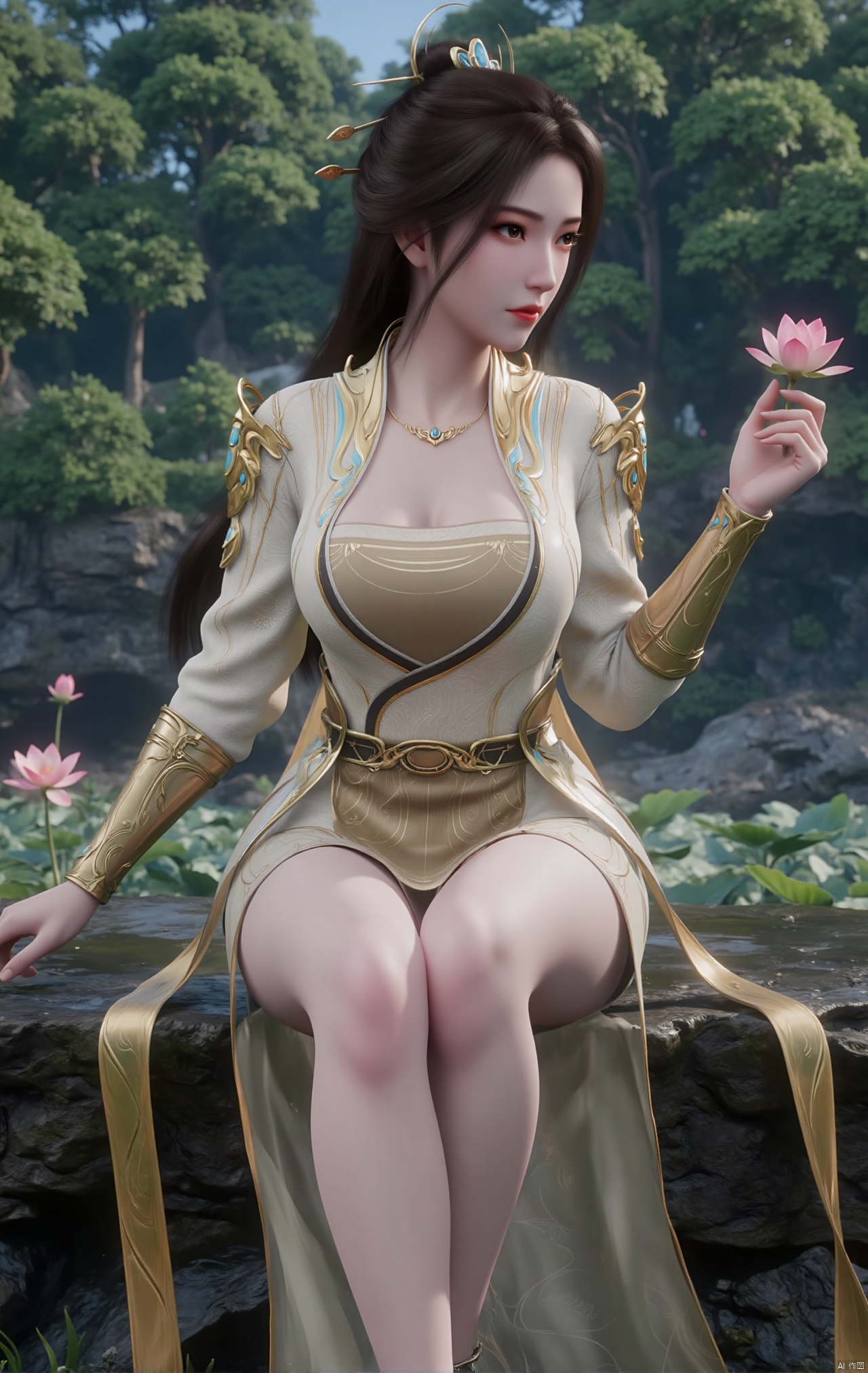  masterpiece,1girl,black hair,(Sitting by the lotus pond in the garden:1.3),(short dress:1.39),black eyes,beautiful face,short sleeves,holding flower,looking at viewer,(huge breasts:2.79),(full breasts:1.99),Xzhaoliner,Xyaoxi,Xsulingyun,XyunluoX,Xhenrendadi,Xlannuo