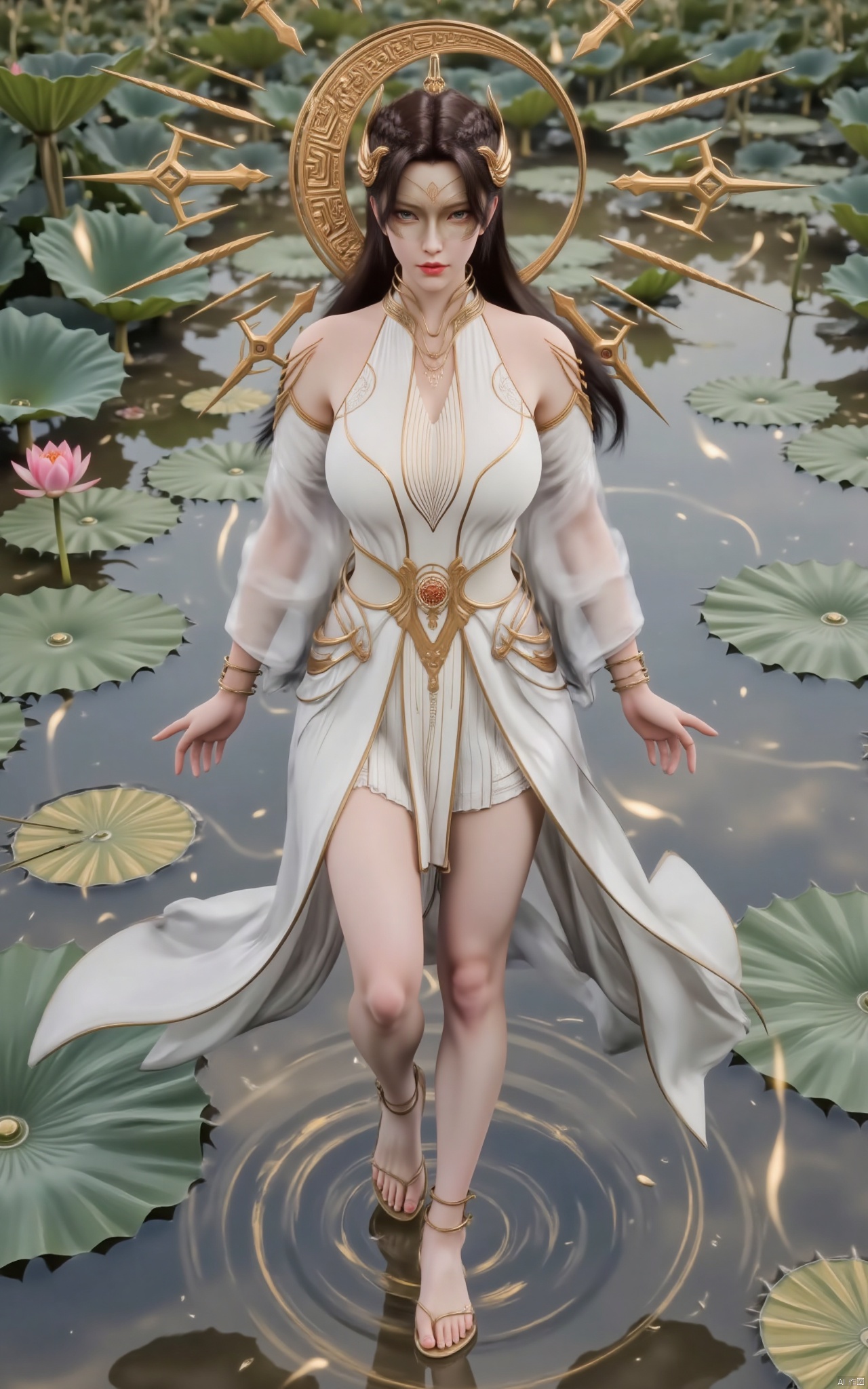 masterpiece,(best quality),official art, (1girl), (solo), ((looking_at_viewer)),(huge breasts:2.39),(full breasts:1.99),Xzhaoliner,(Lotus pond, lotus:1.52),Xyanqingcheng,Xxiyouqin,Xhongdie,Xlannuo,Xtianhuxianzi,Xhenrendadi