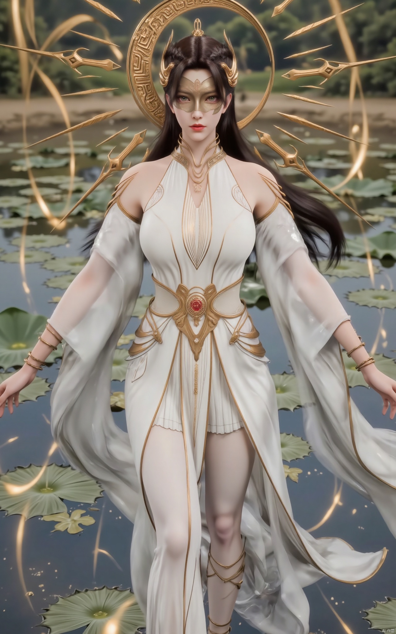 masterpiece,(best quality),official art, (1girl), (solo), ((looking_at_viewer)),(huge breasts:2.39),(full breasts:1.99),Xzhaoliner,(Lotus pond, lotus:1.52),Xyanqingcheng,Xxiyouqin,Xhongdie,Xlannuo,Xtianhuxianzi,Xhenrendadi
