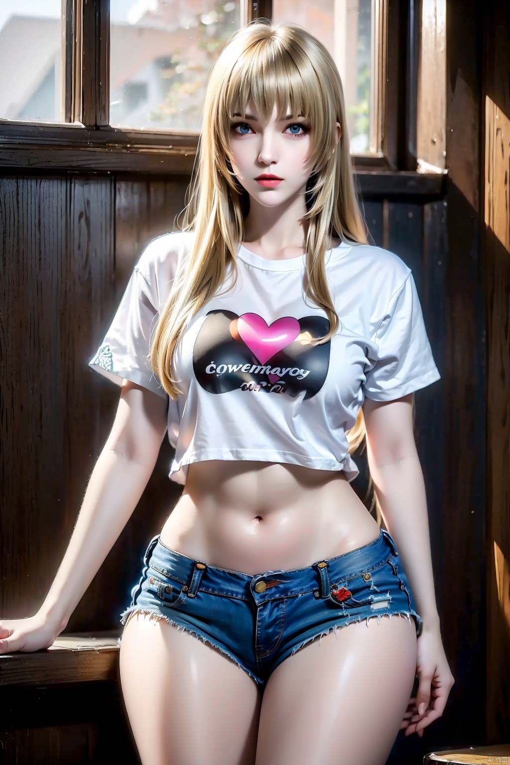 1girl,solo,blonde hair,long hair,looking at viewer,window,bangs,blue eyes,indoors,bishoujo,teenager,fair_skin,curvy,glamor,oval face,heart shaped face,air bangs,navel,disgust,wallpaper,available light,realistic,cowboy_shot,(belly:0.9),tall,slender,shiny_skin,casual T-shirts,midriff,standing,posing,stylish_pose,