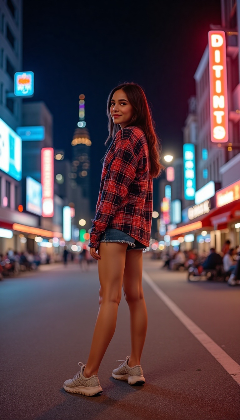A woman stands confidently on a bustling city street at night,  illuminated by vibrant neon lights. She wears a bold plaid...