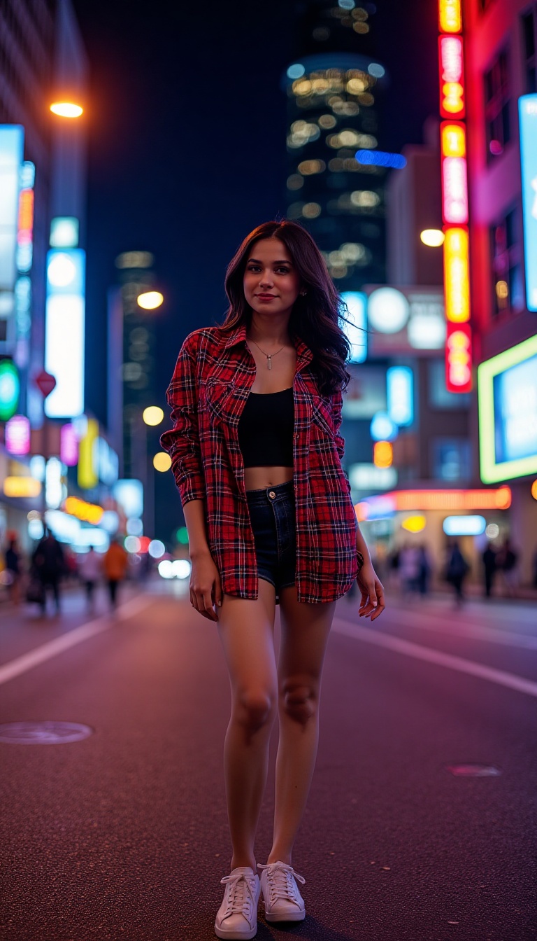 A woman stands confidently on a bustling city street at night,  illuminated by vibrant neon lights. She wears a bold plaid...