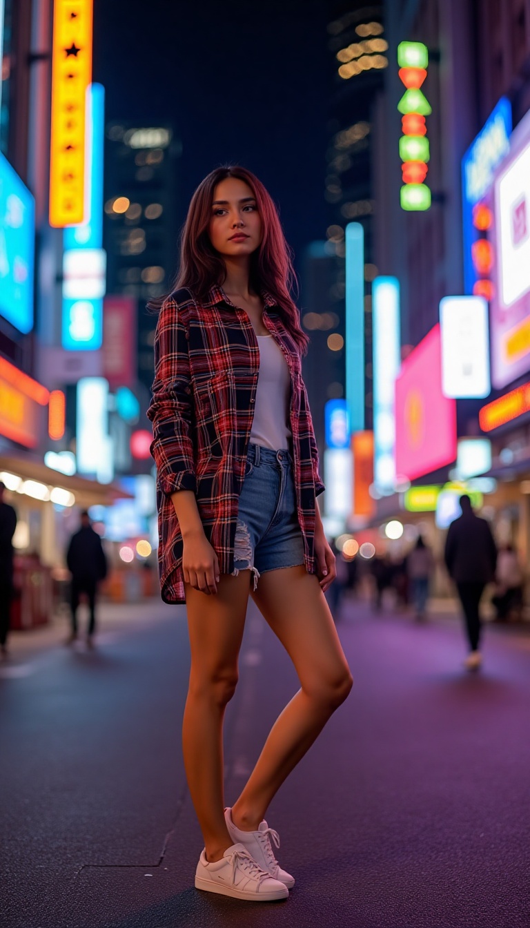 A woman stands confidently on a bustling city street at night,  illuminated by vibrant neon lights. She wears a bold plaid...