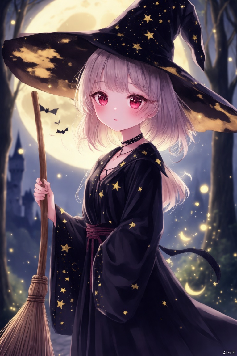A young girl with deep cat-eye makeup, her pupils sparkling with mysterious light, her cheeks lightly swept with pink blush, her lips painted with dark red, adding a bit of flirtatious, she wore a black robe with gold stars and moon patterns, a top witch's hat, and a wooden magic broom in her hand, the background is a dim forest or an ancient castle,