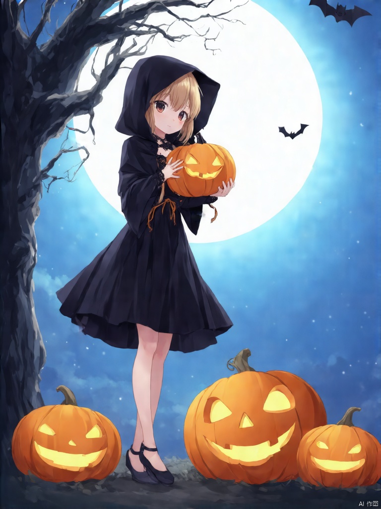 An animated image of a girl in a black dress and a dark hooded cape. The girl is holding a pumpkin in her hands. The pumpkin is orange with a jack-o-lantern on it. There are three pumpkins on the ground in front of the girl. There is a tree on the right and left side of the image. The sky is blue behind the girl and the moon is visible in the top right corner.