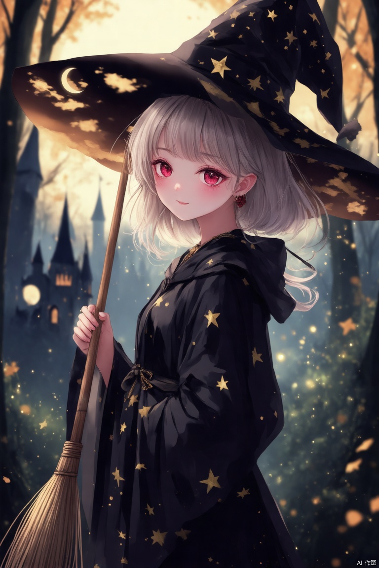 A young girl with deep cat-eye makeup, her pupils sparkling with mysterious light, her cheeks lightly swept with pink blush, her lips painted with dark red, adding a bit of flirtatious, she wore a black robe with gold stars and moon patterns, a top witch's hat, and a wooden magic broom in her hand, the background is a dim forest or an ancient castle,