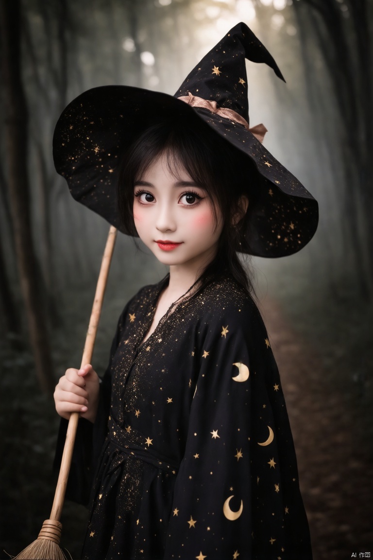 A young girl with deep cat-eye makeup, her pupils sparkling with mysterious light, her cheeks lightly swept with pink blush, her lips painted with dark red, adding a bit of flirtatious, she wore a black robe with gold stars and moon patterns, a top witch's hat, and a wooden magic broom in her hand, the background is a dim forest or an ancient castle,