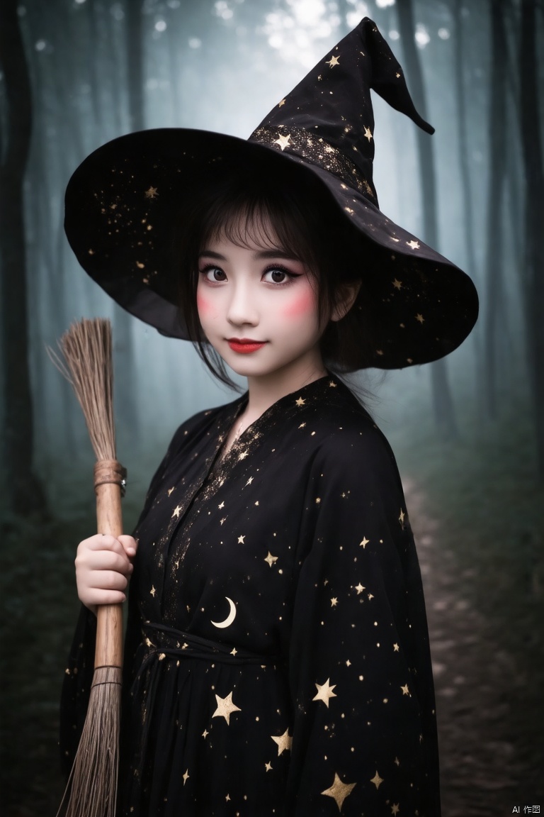 A young girl with deep cat-eye makeup, her pupils sparkling with mysterious light, her cheeks lightly swept with pink blush, her lips painted with dark red, adding a bit of flirtatious, she wore a black robe with gold stars and moon patterns, a top witch's hat, and a wooden magic broom in her hand, the background is a dim forest or an ancient castle,