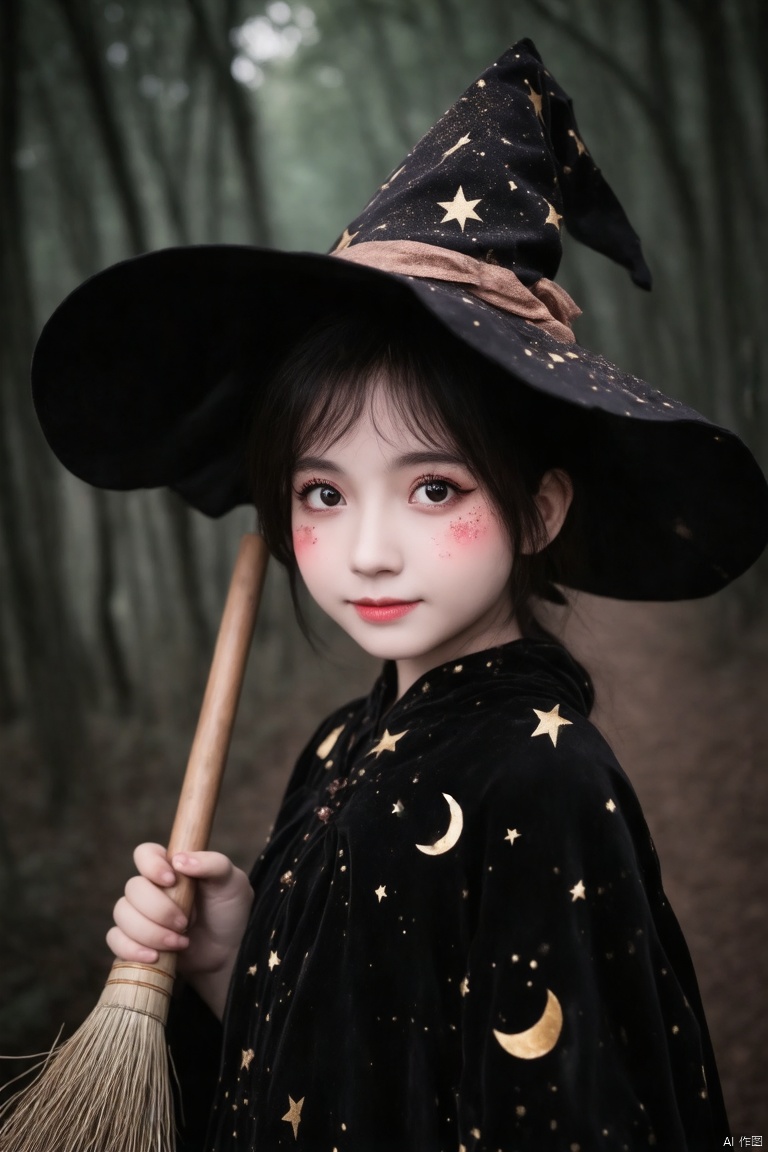 A young girl with deep cat-eye makeup, her pupils sparkling with mysterious light, her cheeks lightly swept with pink blush, her lips painted with dark red, adding a bit of flirtatious, she wore a black robe with gold stars and moon patterns, a top witch's hat, and a wooden magic broom in her hand, the background is a dim forest or an ancient castle,