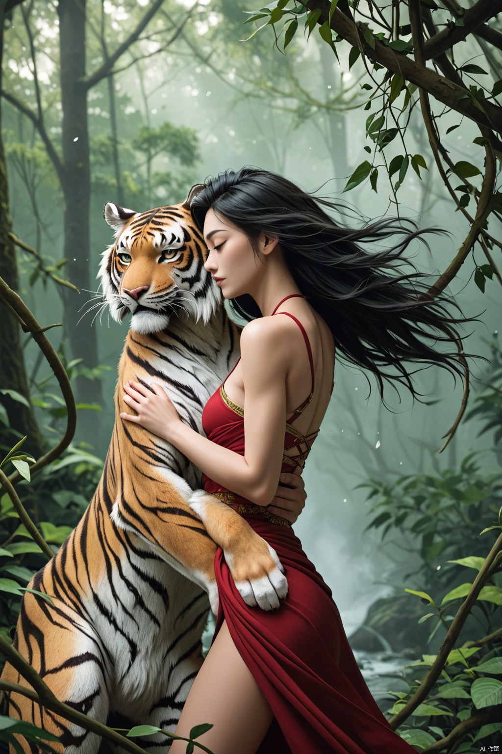 A stunning Asian beauty sits regally on the back of a majestic white tiger, her long black hair flowing in the wind as she gazes confidently into the distance. The tiger's powerful muscles ripple beneath its gleaming coat as it pads through a misty forest, leaves and vines tangled in its mane. The woman's slender legs wrap around the tiger's waist, her hands grasping its fur as she holds steady against the tiger's gentle movements.,score_9 score_8_up score_7_up,