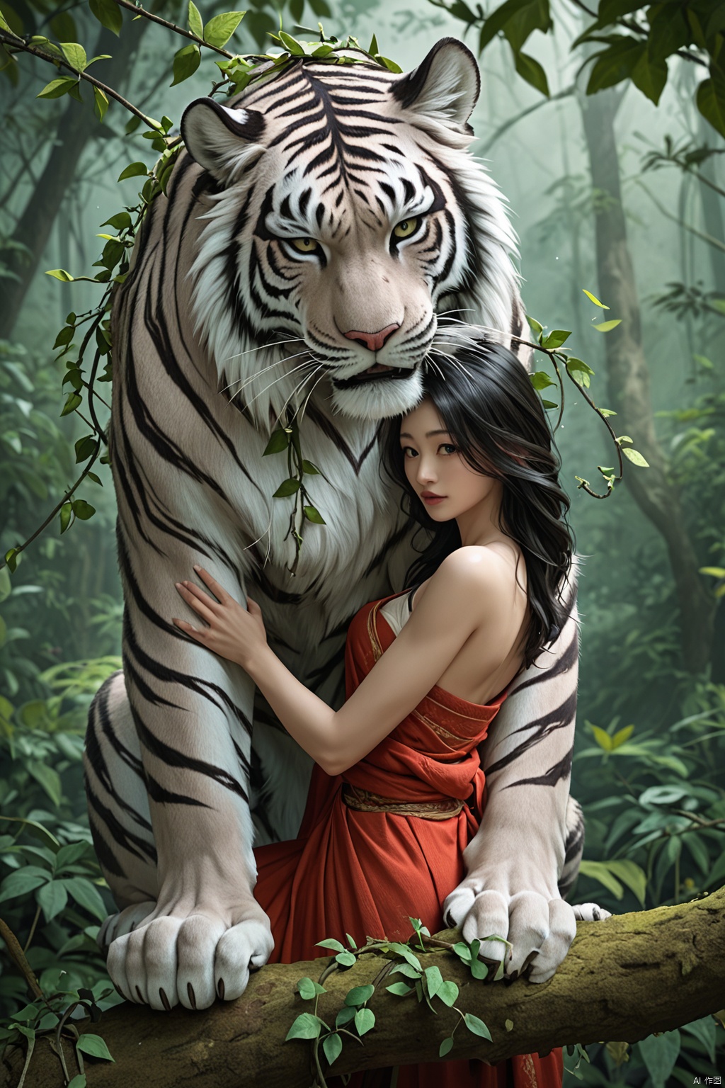 A stunning Asian beauty sits regally on the back of a majestic white tiger, her long black hair flowing in the wind as she gazes confidently into the distance. The tiger's powerful muscles ripple beneath its gleaming coat as it pads through a misty forest, leaves and vines tangled in its mane. The woman's slender legs wrap around the tiger's waist, her hands grasping its fur as she holds steady against the tiger's gentle movements.,score_9 score_8_up score_7_up,