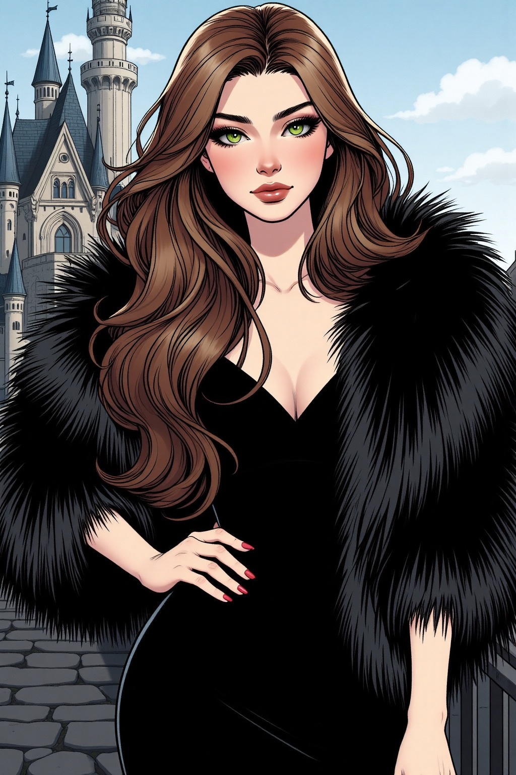 An animated portrait of a woman with long brown hair and green eyes. She is wearing a black dress with a black fur coat on...