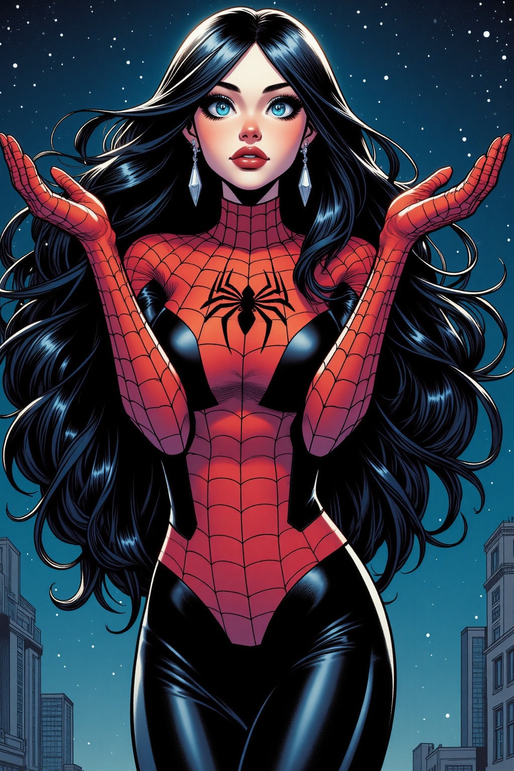 An animated portrait of a woman in a spiderman costume. The woman has long black hair that is pulled back and cascades ove...
