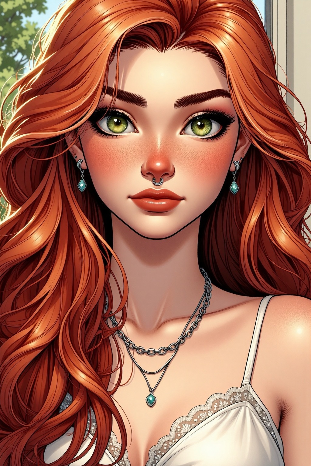 A half-body animated portrait of a woman with vibrant,  flowing red hair cascading over her shoulders,  framing her face....
