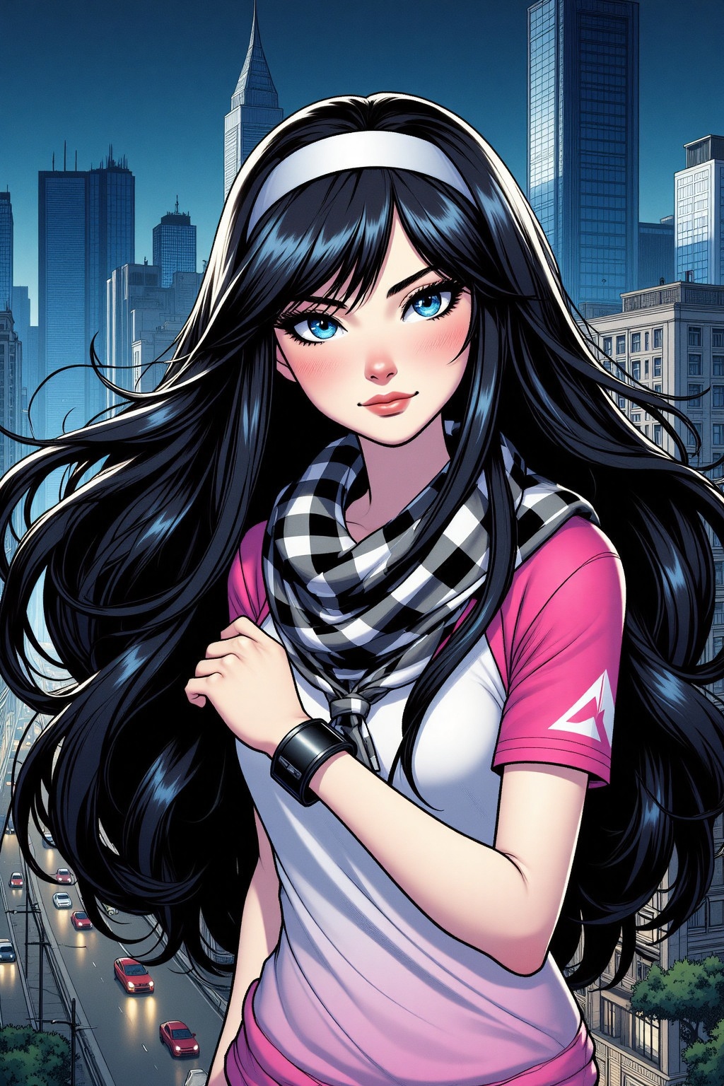 An animated image of a woman with long black hair and blue eyes. She is wearing a white headband on her head. She has a pi...